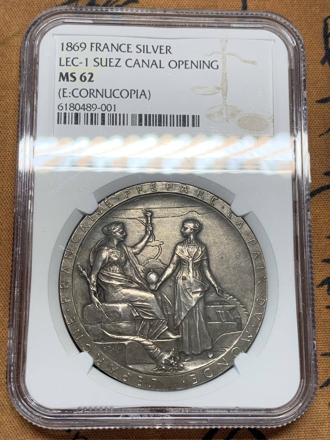 《竞宝斋》第95场-本周日，周一，周四，3场连拍（全场不限金额包邮） NGC MS62  法国1869苏伊士运河落成纪念银章 罗蒂大师作品 约42mm40克