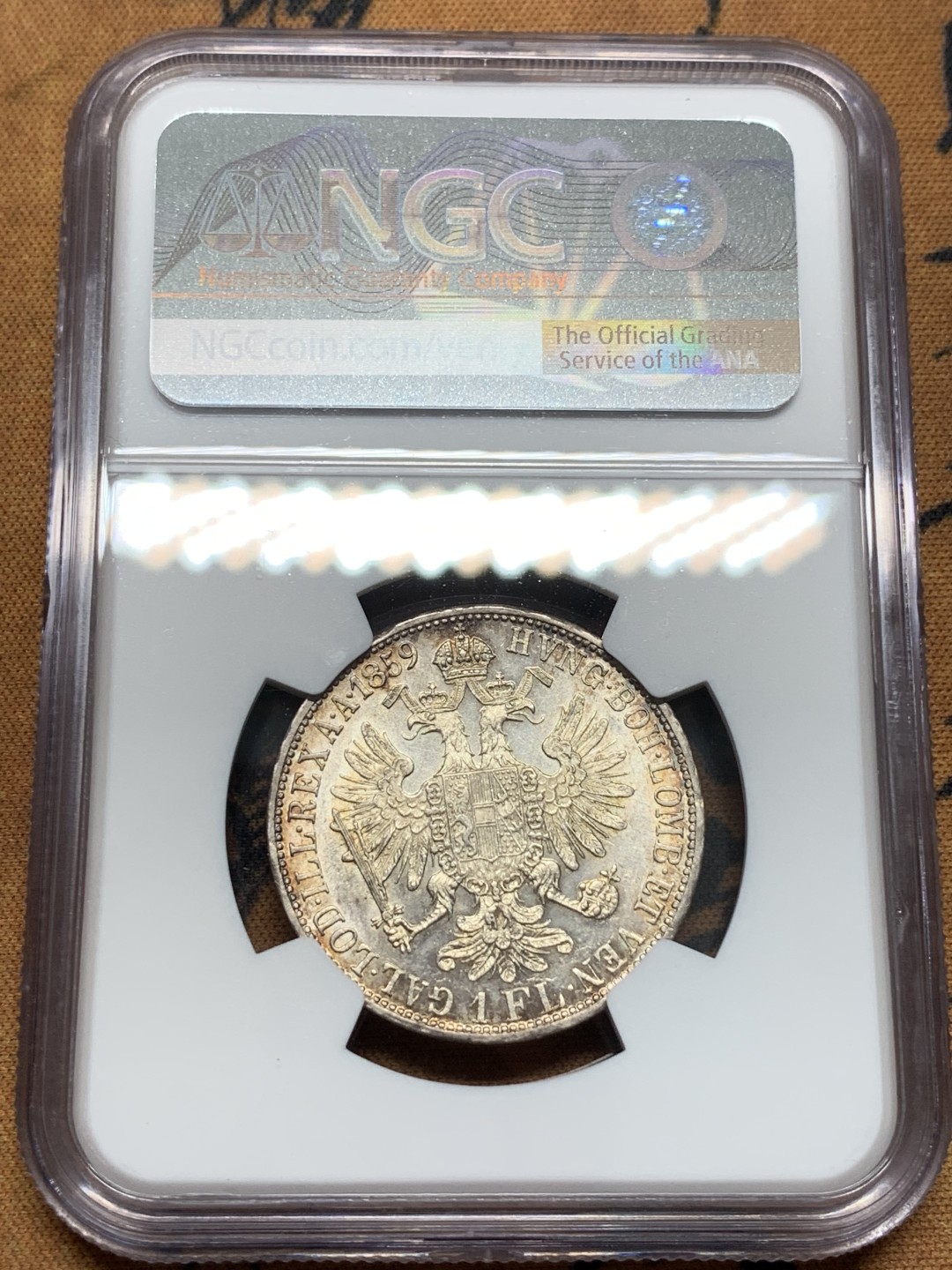 《竞宝斋》第95场-本周日，周一，周四，3场连拍（全场不限金额包邮） NGC-MS62 奥地利 1859年 佛兰茨一世 1福林银币 暴涨品种