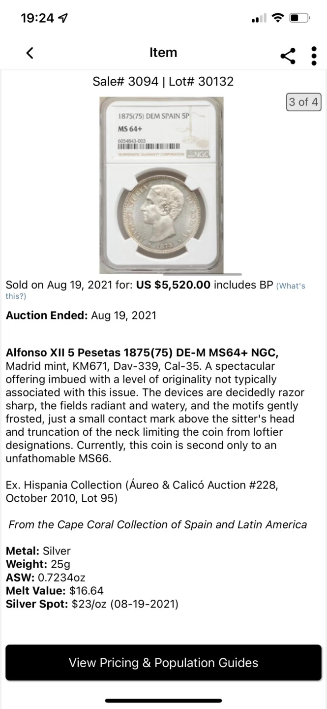 《竞宝斋》第95场-本周日，周一，周四，3场连拍（全场不限金额包邮） 冠军分！NGC MS65 1876西班牙阿方索十二世5比赛塔银币 三版头像中最少见的一版，只发行了两年，且背面纹章也是独一无二的存在，缺少了阿拉贡王国和纳瓦拉王国的纹章，取而代之的是城堡与狮子 同样头像的一枚NGC MS64+在HA拍出了5500美金的价格。