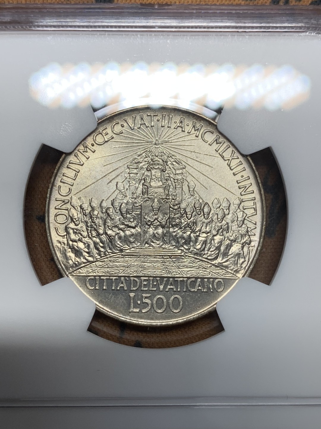 《竞宝斋》第95场-本周日，周一，周四，3场连拍（全场不限金额包邮） NGC-MS62 梵蒂冈 1962年 教皇500里拉银币 稀少品种 顶级品相