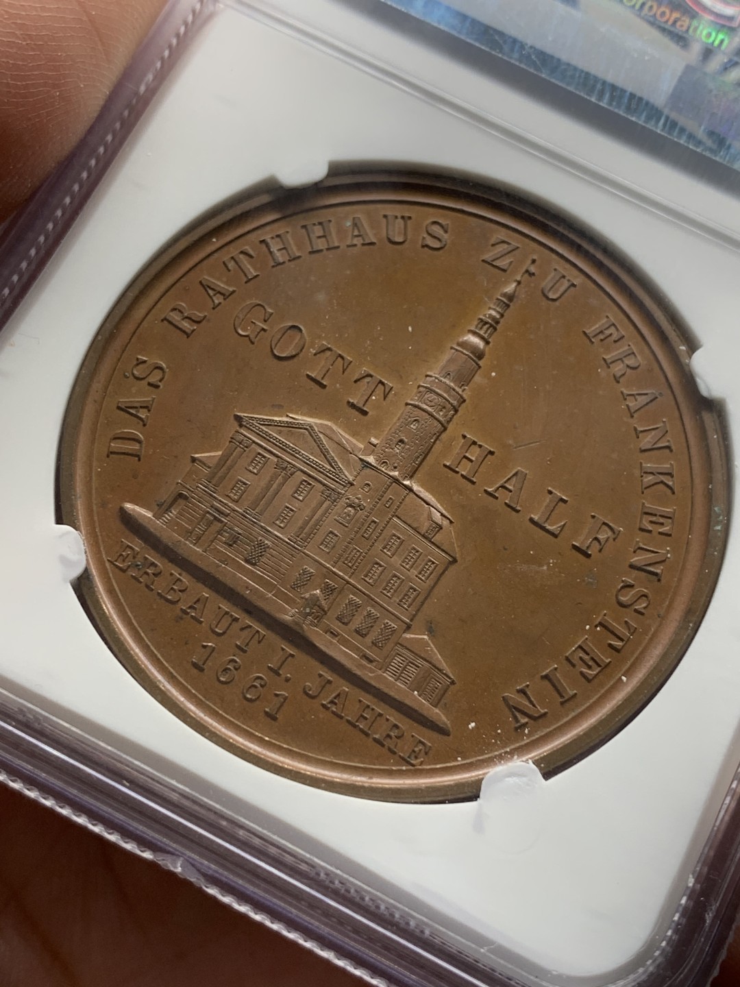 《竞宝斋》第95场-本周日，周一，周四，3场连拍（全场不限金额包邮） NGC MS62 1861 德国佛兰肯斯坦市政厅大火重建铜章 该铜章原材料为市政厅铜顶，发行售卖筹集资金重建市政厅