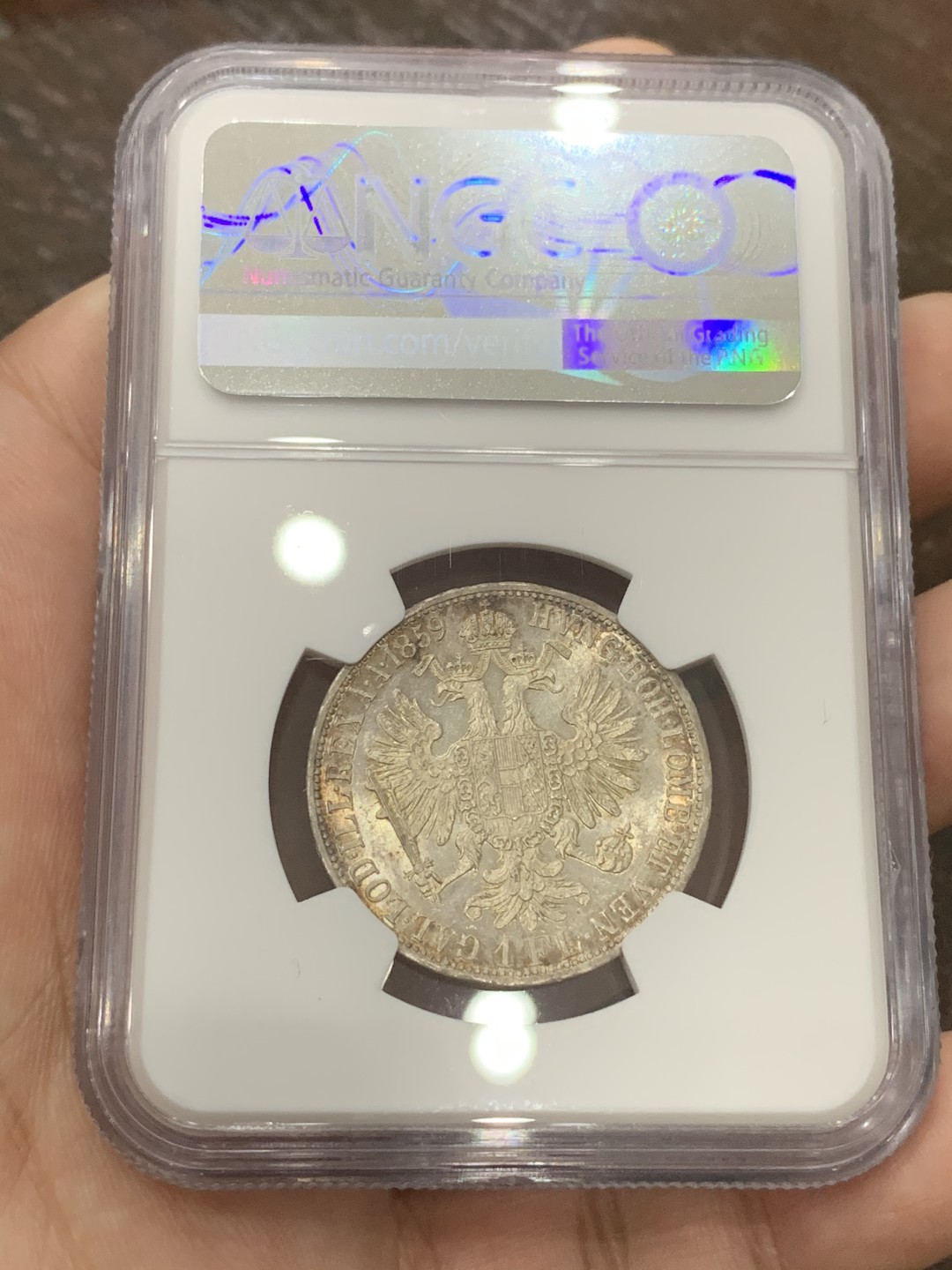 《竞宝斋》第95场-本周日，周一，周四，3场连拍（全场不限金额包邮） NGC-MS62 奥地利 1859年 佛兰茨一世 1福林银币 暴涨品种