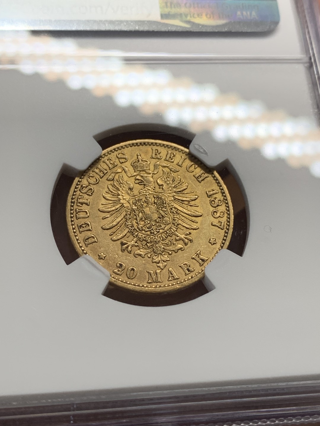 《竞宝斋》第95场-本周日，周一，周四，3场连拍（全场不限金额包邮） NGC-AU53 德国普鲁士 1887年 威廉一世 20马克金币 早期头像 好品稀少