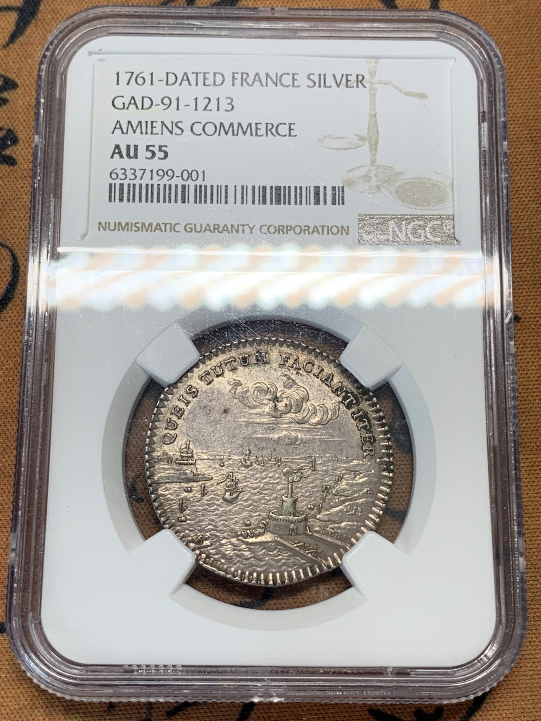 《竞宝斋》第95场-本周日，周一，周四，3场连拍（全场不限金额包邮） NGC AU55 法国 1761年 路易十五 时期 圆形 景观 银质 代币 细节好 磨损小