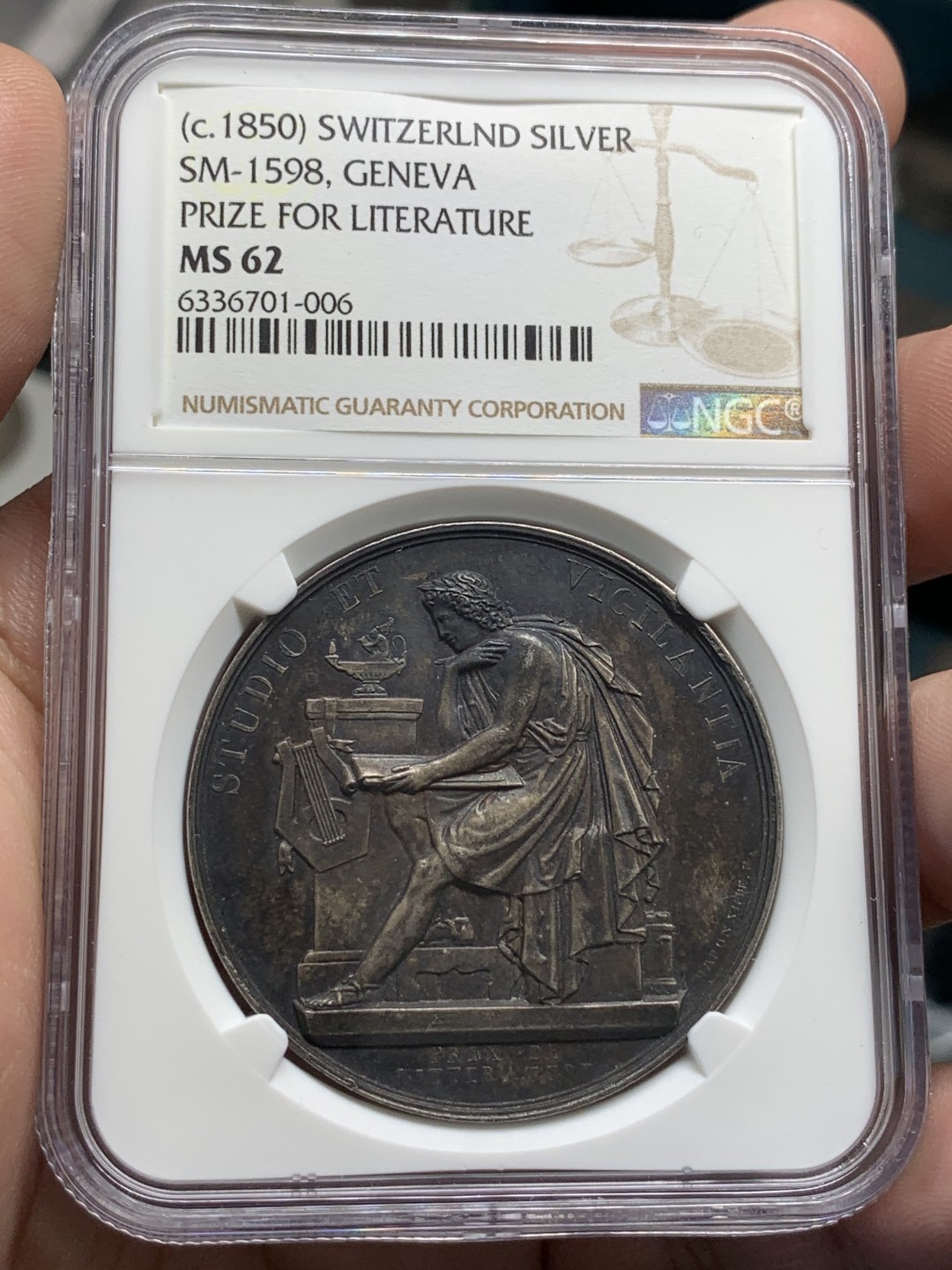 《竞宝斋》第95场-本周日，周一，周四，3场连拍（全场不限金额包邮） NGC-MS62 瑞士1850音乐学院银章 深彩包浆 刻画细腻