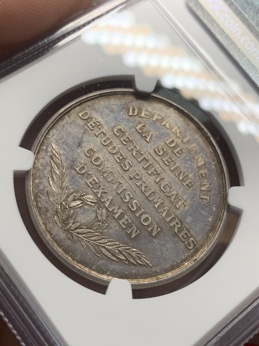 《竞宝斋》第95场-本周日，周一，周四，3场连拍（全场不限金额包邮） NGC-MS62 法国 谷物女神银章 塞纳河小学 34mm 原味好品好状态 镜面效果
