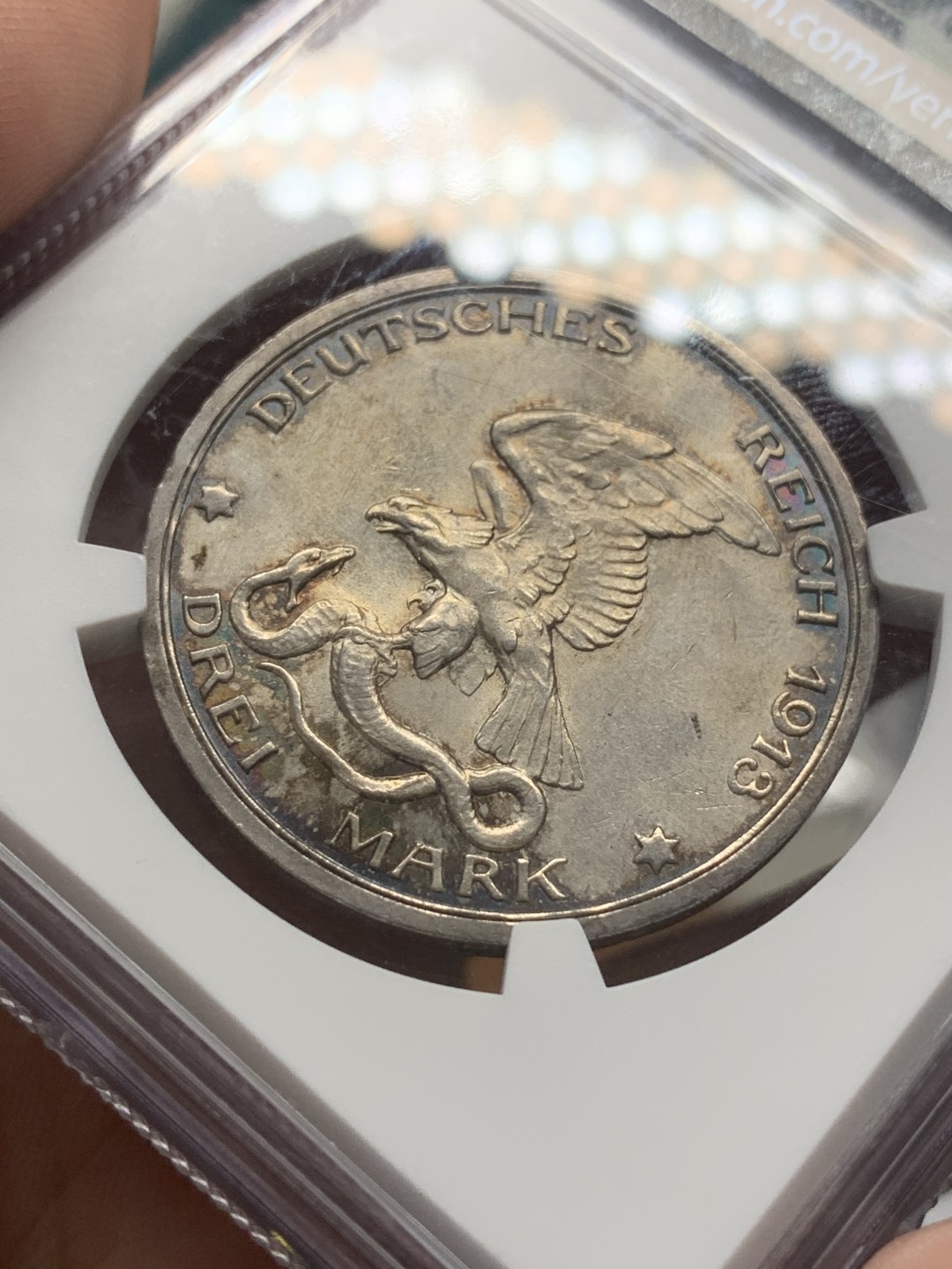 《竞宝斋》第95场-本周日，周一，周四，3场连拍（全场不限金额包邮） NGC-MS62 德国 德意志第二帝国 1913年 普鲁士3马克 战胜拿破仑纪念银币 重彩包浆 浮雕层次分明  鹰面神采奕奕