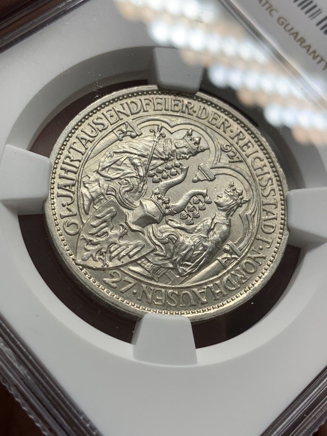 《竞宝斋》第95场-本周日，周一，周四，3场连拍（全场不限金额包邮） NGC-MS64 魏玛德国1927年诺德豪森千年3马克纪念银币 少见品种