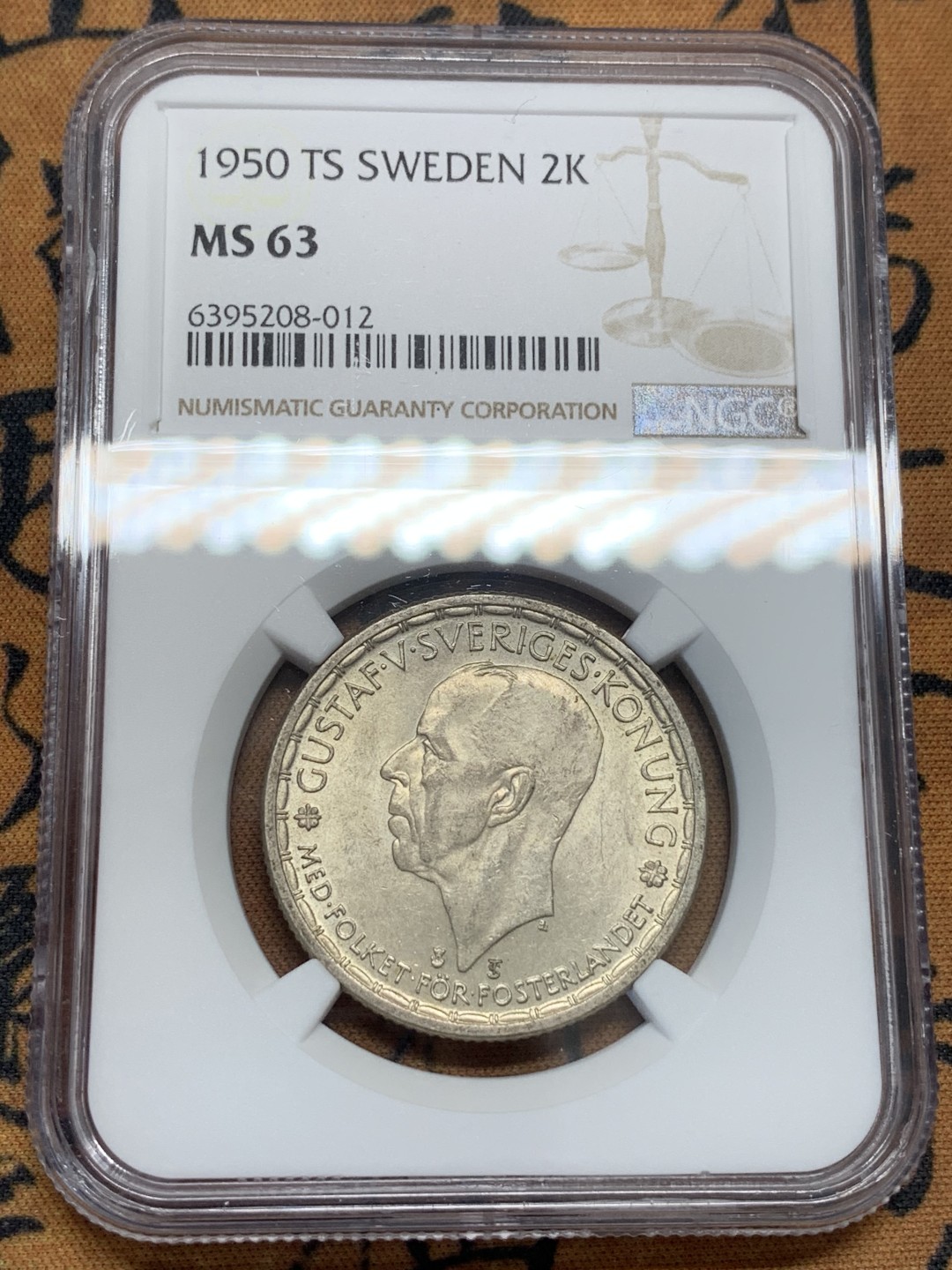 《竞宝斋》第95场-本周日，周一，周四，3场连拍（全场不限金额包邮） NGC-MS63 瑞典1950年 古斯塔夫五世 2克朗银币 原光好品 少见品种