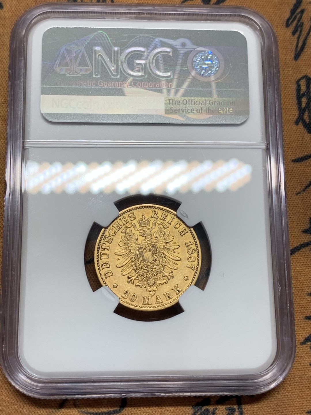 《竞宝斋》第95场-本周日，周一，周四，3场连拍（全场不限金额包邮） NGC-AU53 德国普鲁士 1887年 威廉一世 20马克金币 早期头像 好品稀少