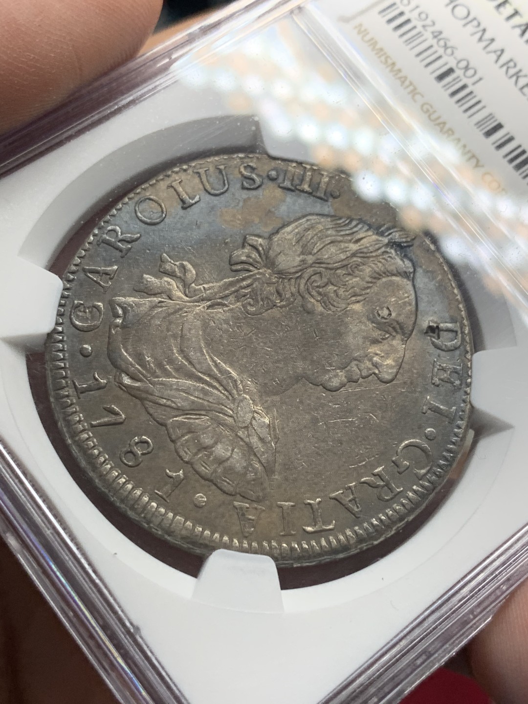 《竞宝斋》第95场-本周日，周一，周四，3场连拍（全场不限金额包邮） NGC XF  玻利维亚 1781年 卡三 8里亚尔 双柱 大银币  双面 深打带包浆 有小戳 味道不错