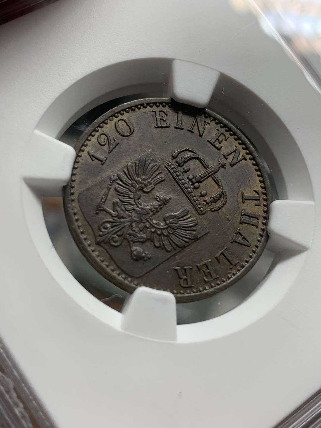 《竞宝斋》第95场-本周日，周一，周四，3场连拍（全场不限金额包邮） NGC-UNCD 普鲁士1870A3芬尼铜币 打制锐利 包浆醇厚只有几道非常微小的划痕 NGC严评了