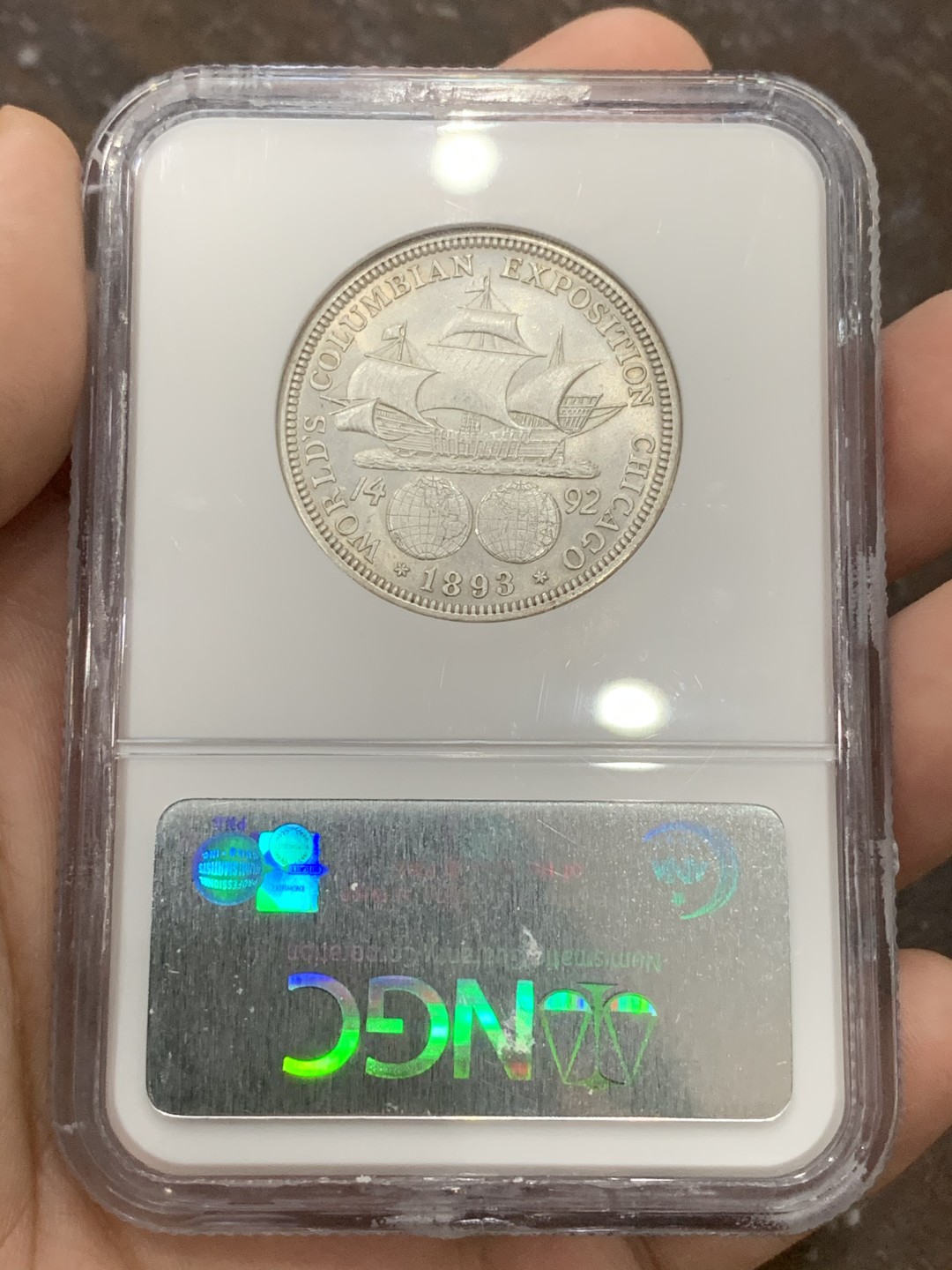 《竞宝斋》第95场-本周日，周一，周四，3场连拍（全场不限金额包邮） NGC-MS64 美国 1893年 50美分 哥伦布纪念 银币 热门品种，ngc老盒  新月包浆很漂亮