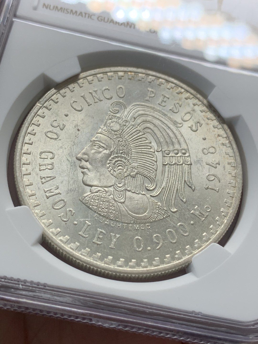 《竞宝斋》第95场-本周日，周一，周四，3场连拍（全场不限金额包邮） NGC-MS62 墨西哥1948年 印第安人头像 5比索大银币 原光好品