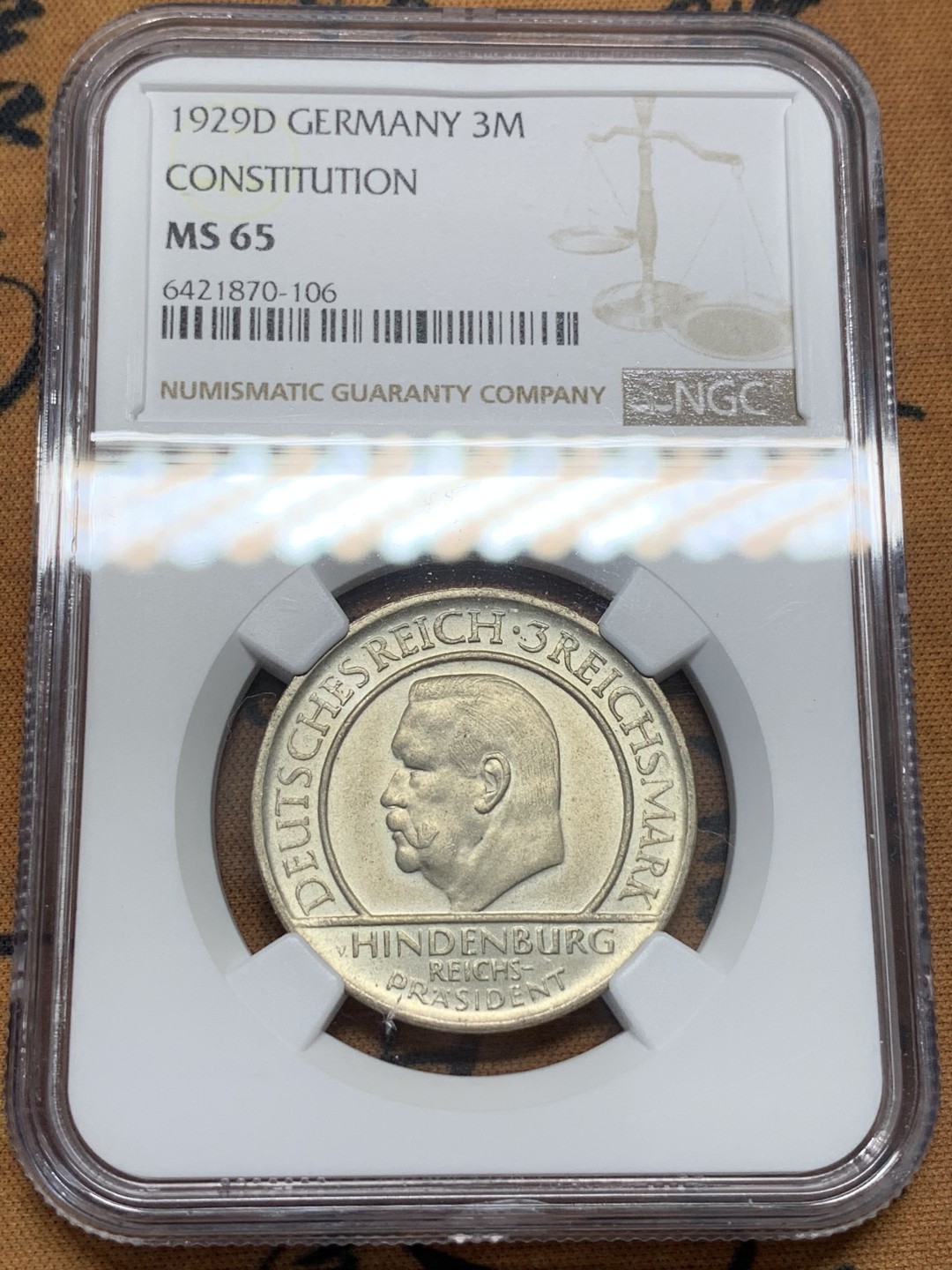 《竞宝斋》第95场-本周日，周一，周四，3场连拍（全场不限金额包邮） NGC-MS65 魏玛德国1929年宪法十周年3马克纪念银币 少见高分