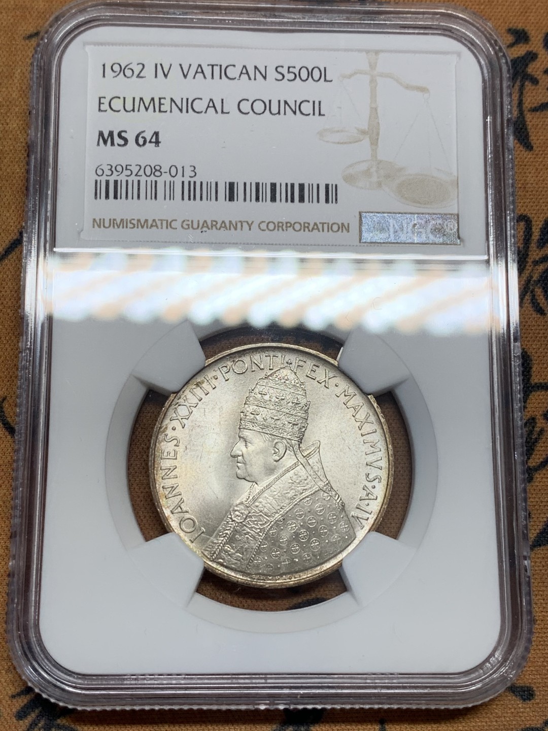 《竞宝斋》第95场-本周日，周一，周四，3场连拍（全场不限金额包邮） NGC-MS62 梵蒂冈 1962年 教皇500里拉银币 稀少品种 顶级品相