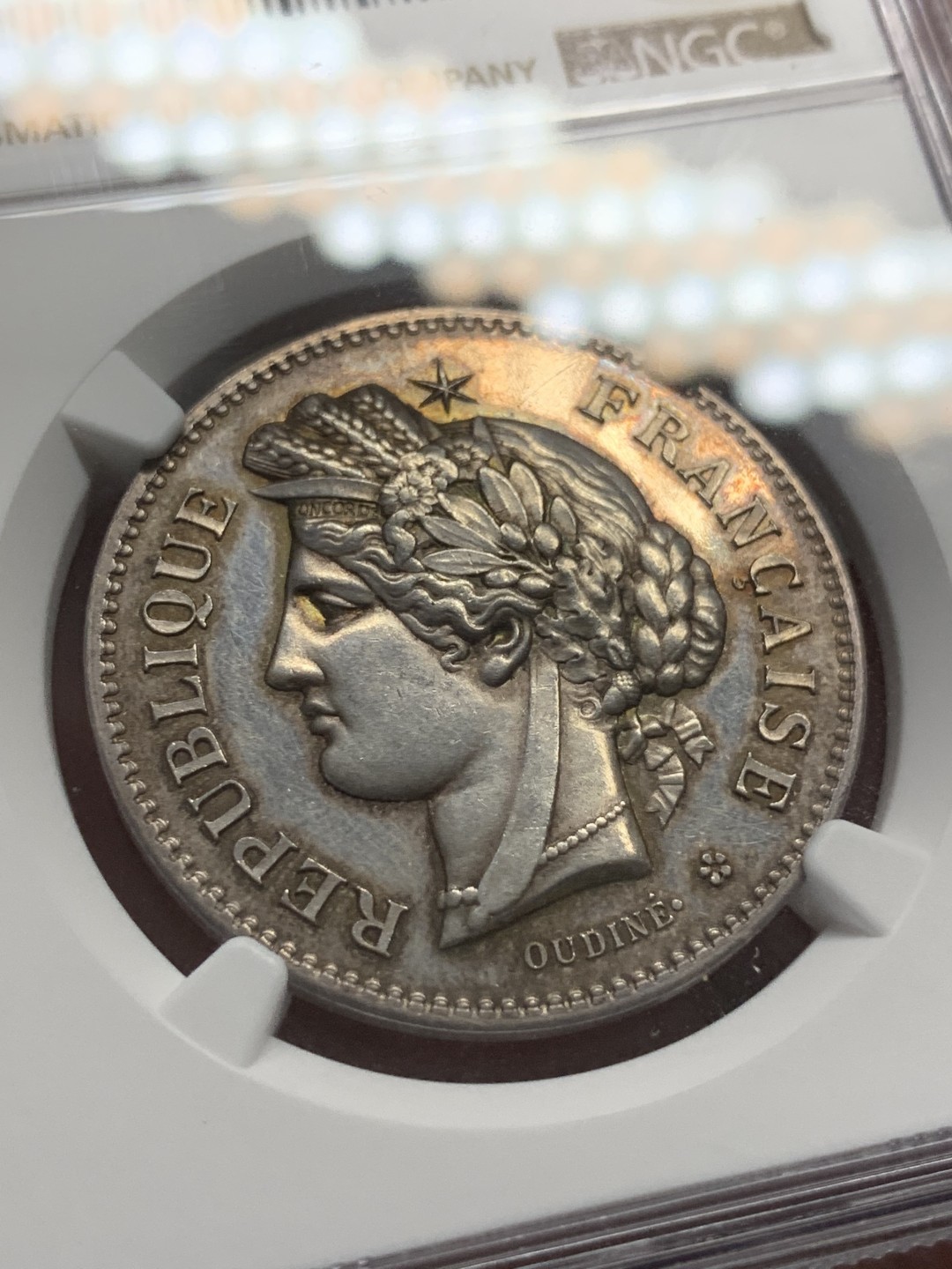 《竞宝斋》第95场-本周日，周一，周四，3场连拍（全场不限金额包邮） NGC-MS62 法国 谷物女神银章 塞纳河小学 34mm 原味好品好状态 镜面效果