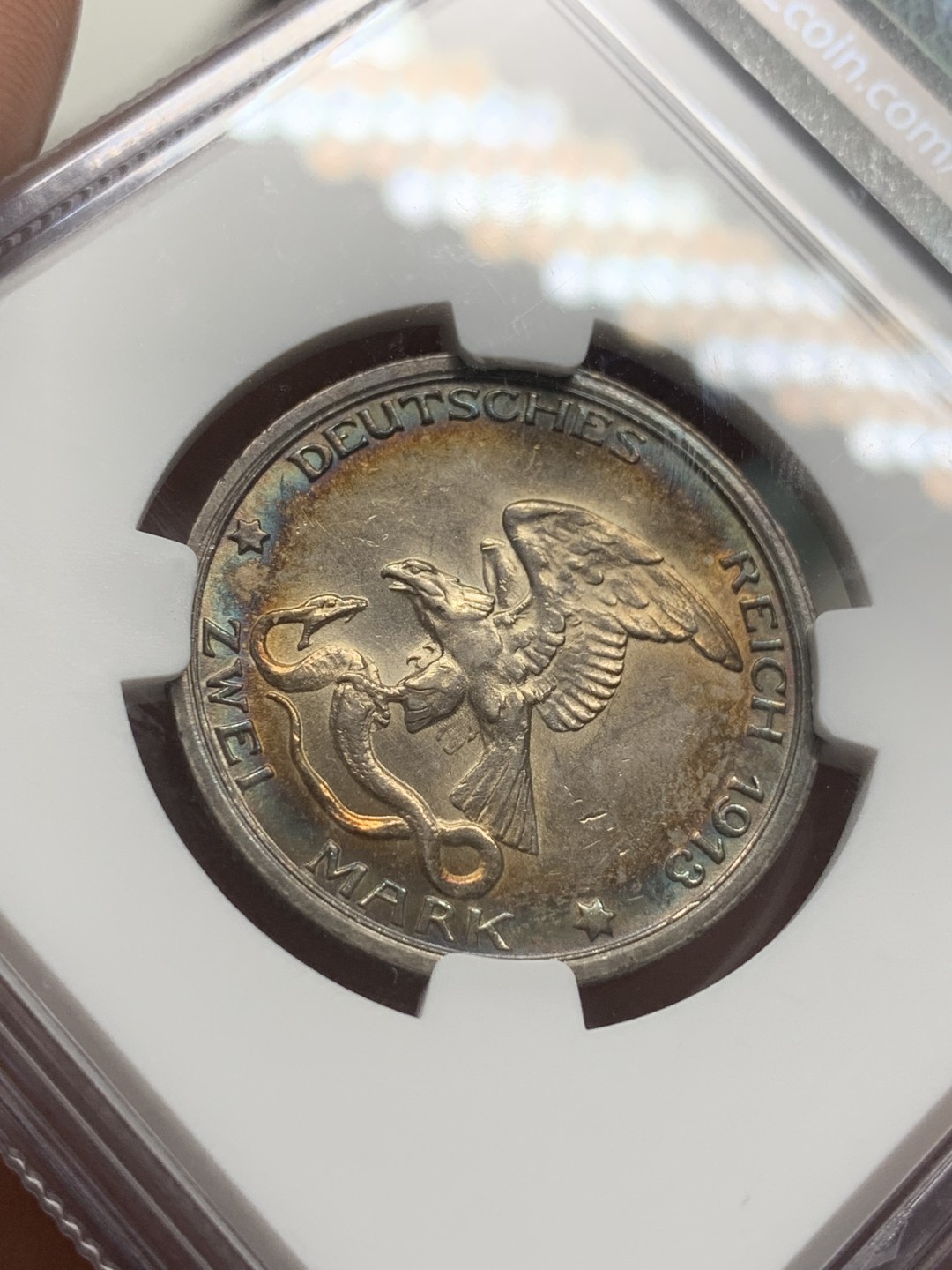 《竞宝斋》第95场-本周日，周一，周四，3场连拍（全场不限金额包邮） NGC-MS61 德国 德意志第二帝国 1913年 普鲁士2马克 战胜拿破仑纪念银币 重彩包浆 浮雕层次分明