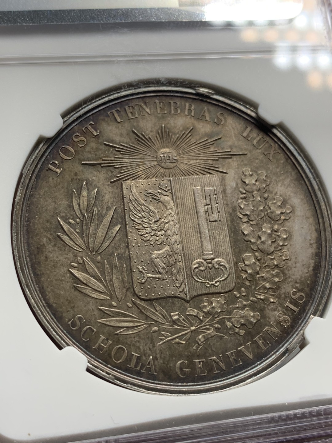 《竞宝斋》第95场-本周日，周一，周四，3场连拍（全场不限金额包邮） NGC-MS62 瑞士1850音乐学院银章 深彩包浆 刻画细腻