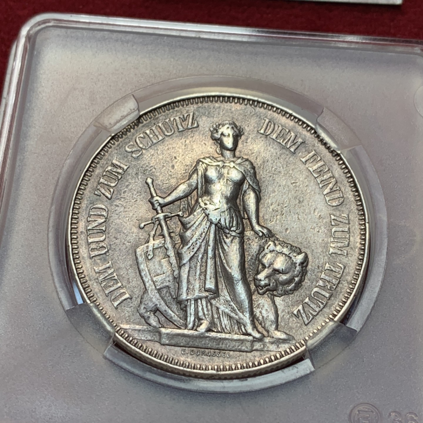 《竞宝斋》第95场-本周日，周一，周四，3场连拍（全场不限金额包邮） 1885年瑞士狩猎节5法郎银币 做过吊坠 币面有些腐蚀 NGC给了“改变外表”的标签