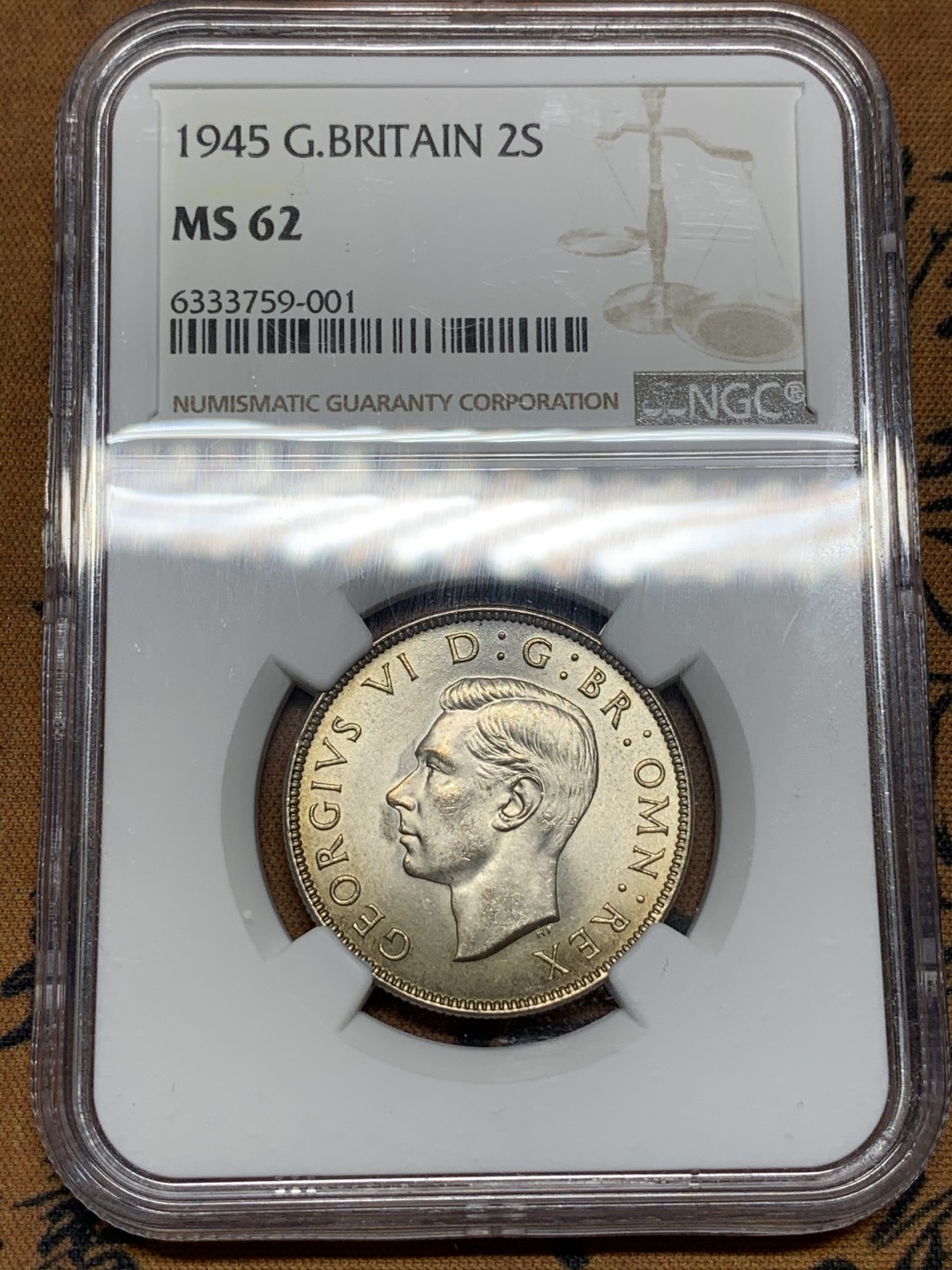 《竞宝斋》第96场-本周日，周一，周四，3场连拍（全场不限金额包邮） NGC MS62 英国 1945年 乔治六世 2先令 =1福林 银币 状态非常好