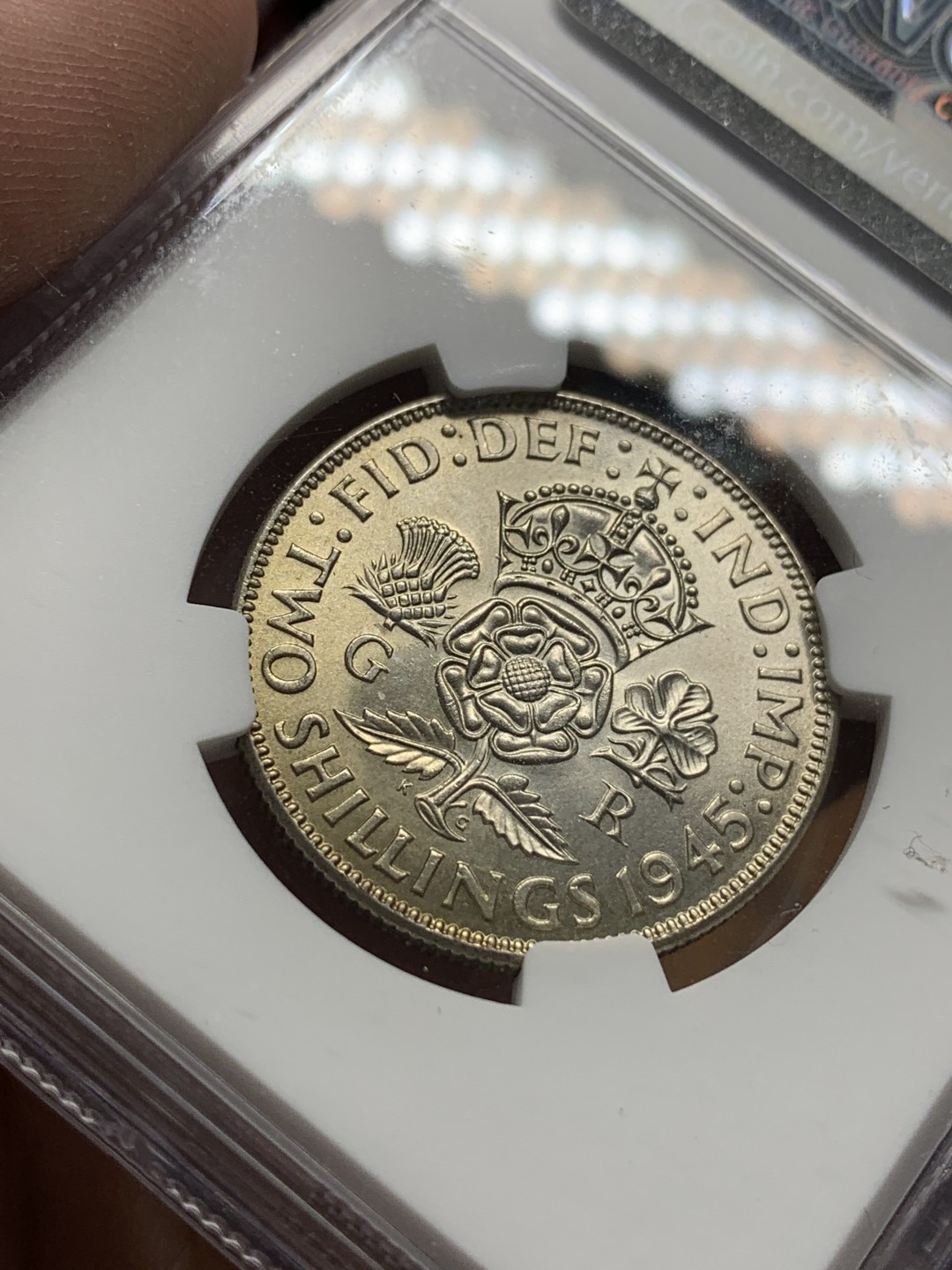 《竞宝斋》第96场-本周日，周一，周四，3场连拍（全场不限金额包邮） NGC MS62 英国 1945年 乔治六世 2先令 =1福林 银币 状态非常好