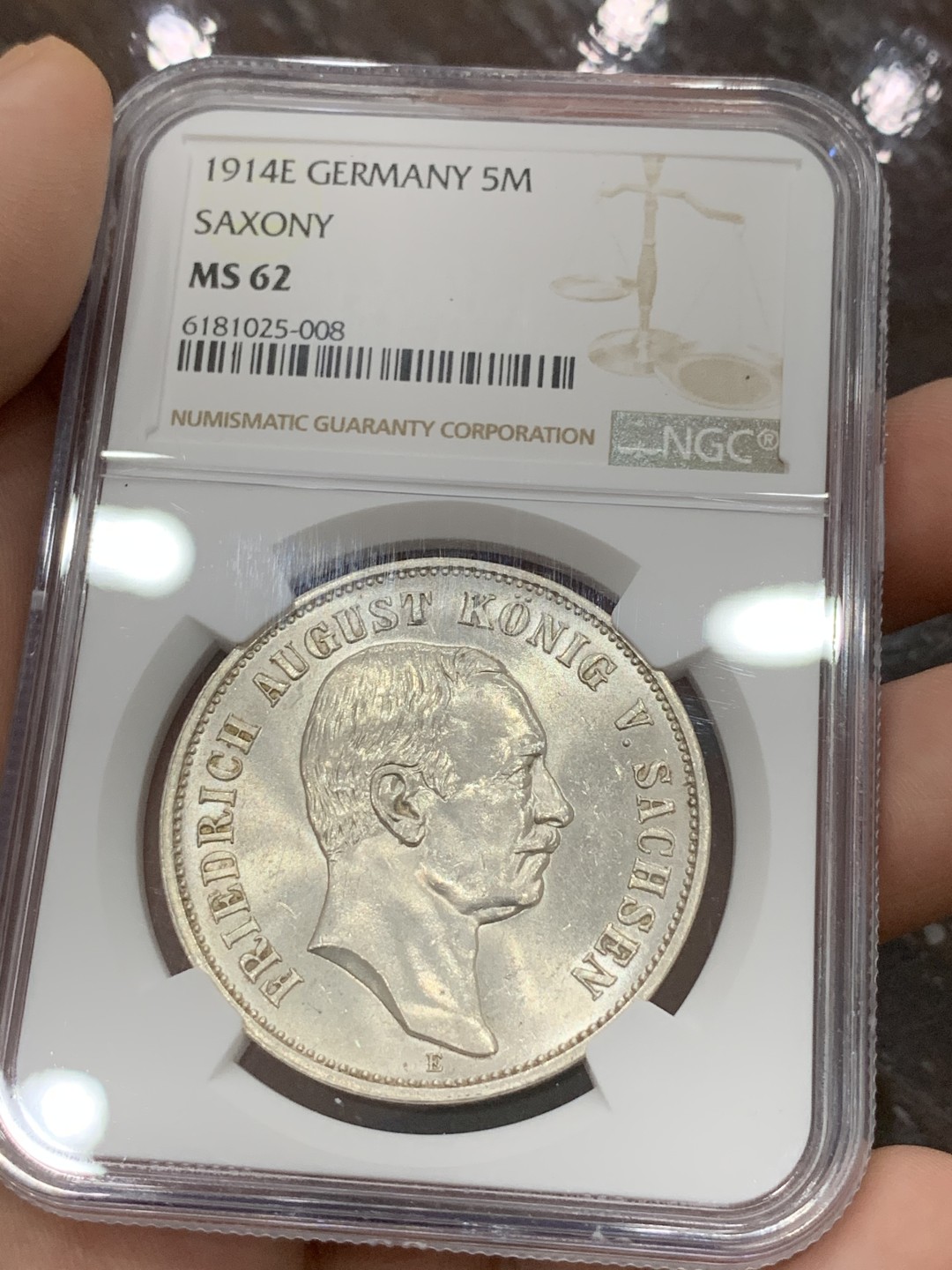 《竞宝斋》第96场-本周日，周一，周四，3场连拍（全场不限金额包邮） NGC-MS62 德国萨克森 1914年 5马克 原光银币 较少的品种 好品难得