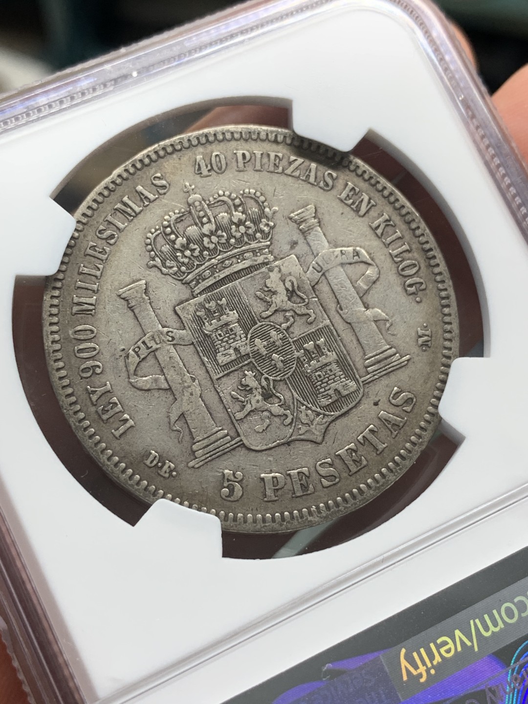 《竞宝斋》第96场-本周日，周一，周四，3场连拍（全场不限金额包邮） NGC XF45 西班牙 1875年 阿方索十二世5比塞塔双柱银币 老包浆