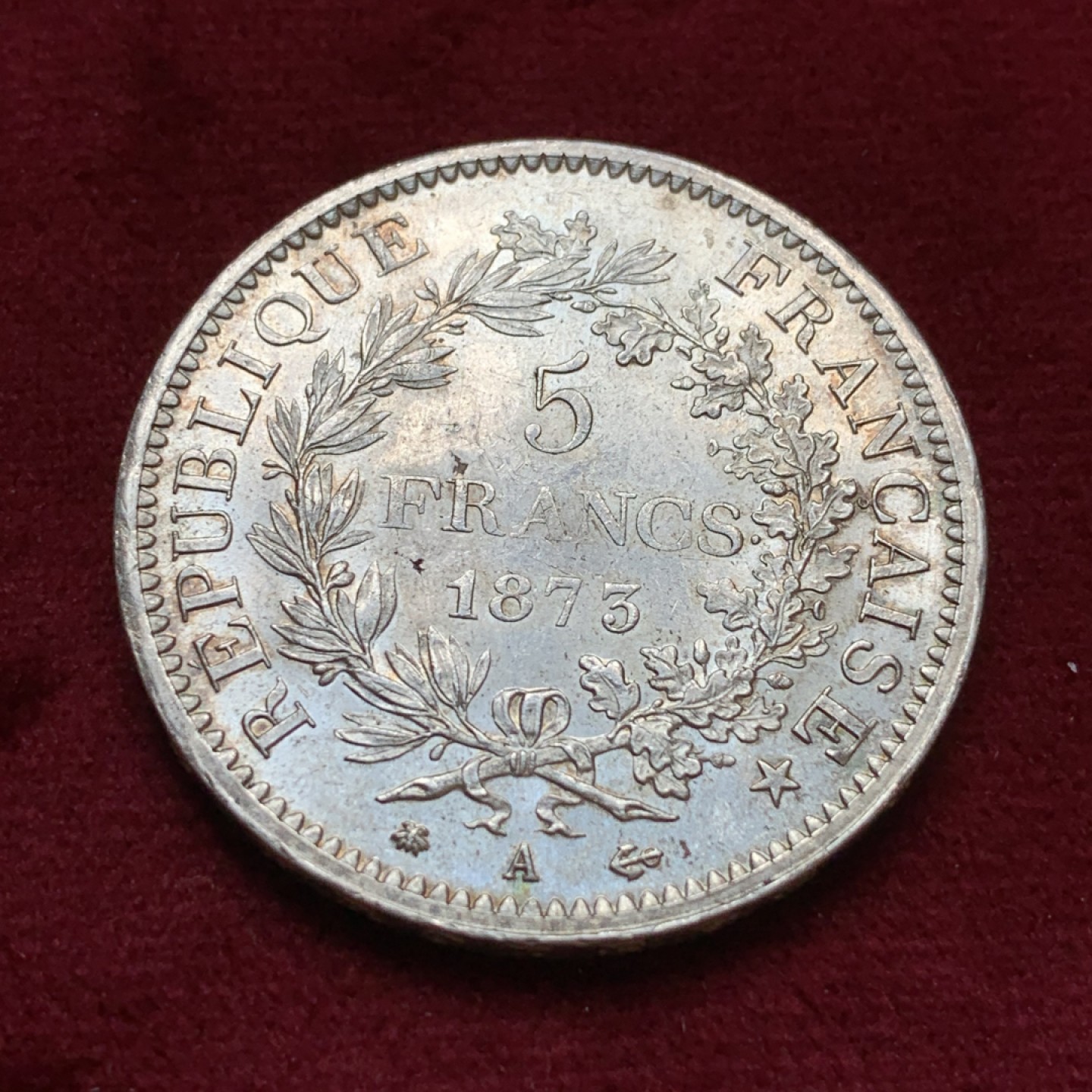 《竞宝斋》第96场-本周日，周一，周四，3场连拍（全场不限金额包邮） 法国 1873年 大力神 5法郎 银币 细节好 状态佳