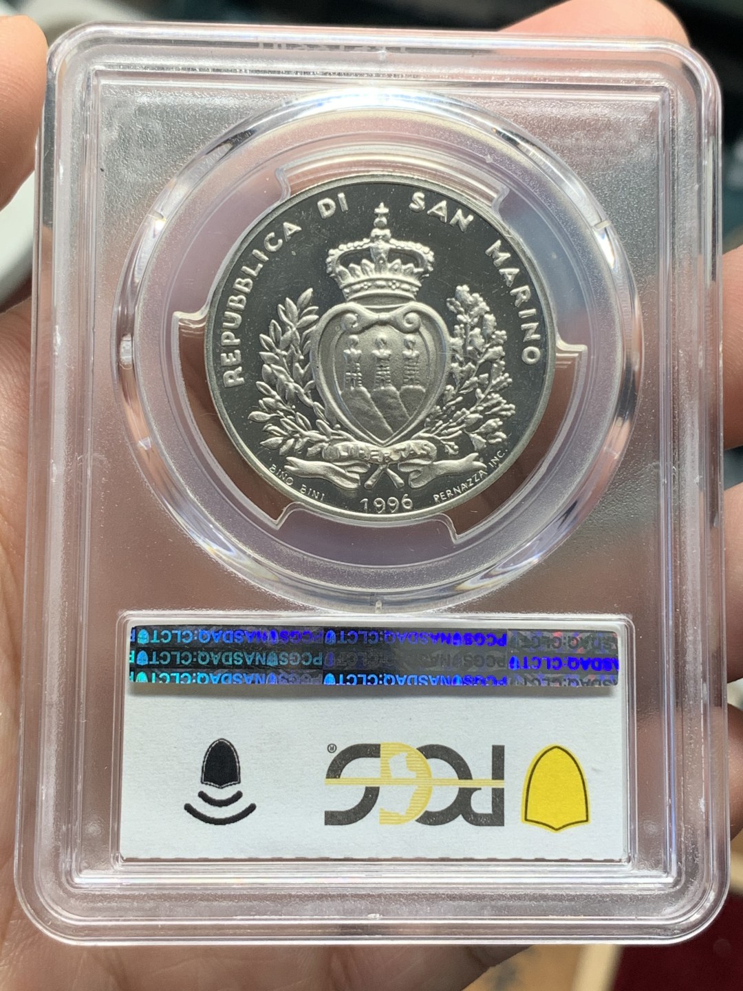 《竞宝斋》第96场-本周日，周一，周四，3场连拍（全场不限金额包邮） PCGS PR67DCAM 圣马力诺 1996年 5000里拉精制银币（唯一冠军分） 深度镜面