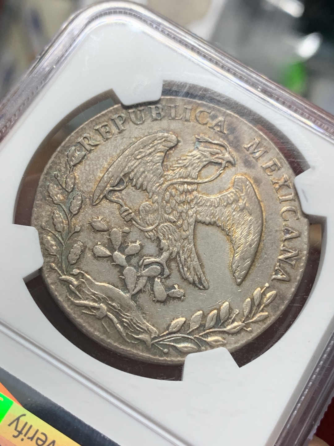 《竞宝斋》第96场-本周日，周一，周四，3场连拍（全场不限金额包邮） NGC AU58墨西哥1884年花边鹰洋8R银币 边缘环彩