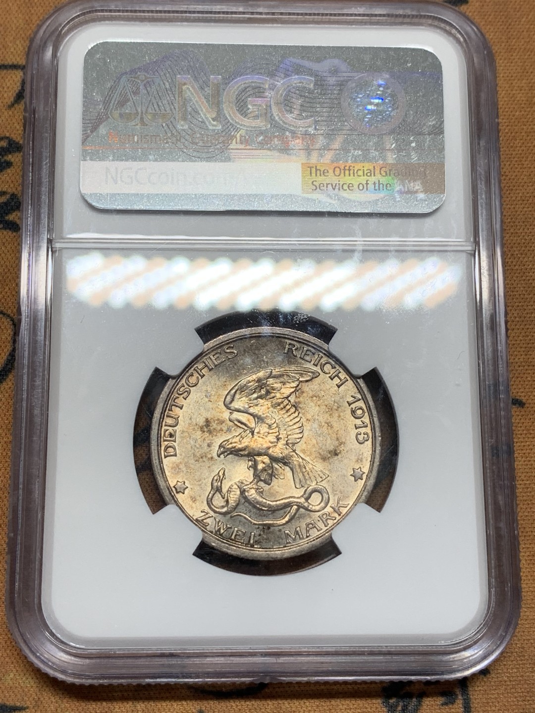 《竞宝斋》第96场-本周日，周一，周四，3场连拍（全场不限金额包邮） NGC-MS63 德意志第二帝国 1913年 普鲁士2马克 战胜拿破仑纪念银币 重彩包浆 浮雕层次分明 底板漂亮 鹰面炯炯有神