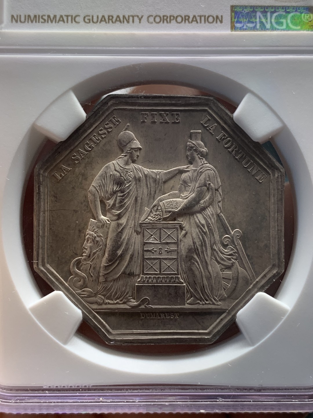 《竞宝斋》第96场-本周日，周一，周四，3场连拍（全场不限金额包邮） NGC-MS63 1800年法兰西银行八角银质代币 早期蜜蜂银标 镜面五彩包浆 高分不易 顶级品相 大型女神八角