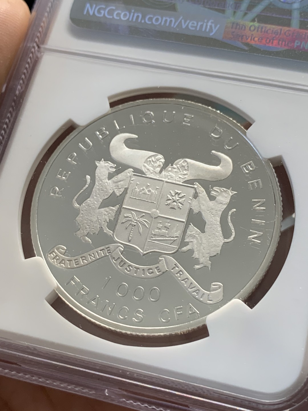 《竞宝斋》第96场-本周日，周一，周四，3场连拍（全场不限金额包邮） NGC PF69 UC 贝宁1992年1000FR 纪念银币 冠军分数 发行量1000枚
