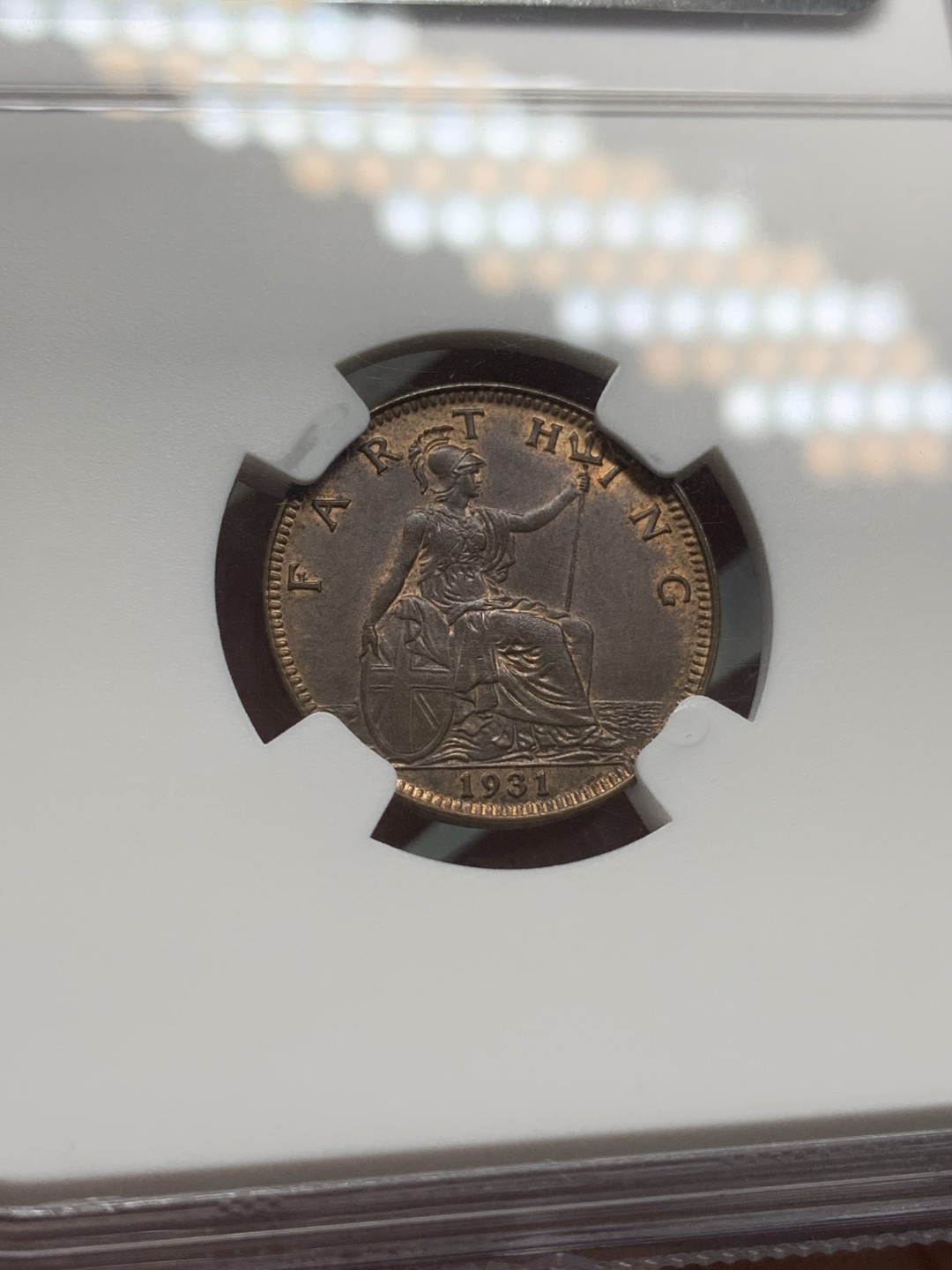 《竞宝斋》第96场-本周日，周一，周四，3场连拍（全场不限金额包邮） NGC MS64BN 英国 1931年 乔治五世 1/4便士=1法新 铜币 深打难得