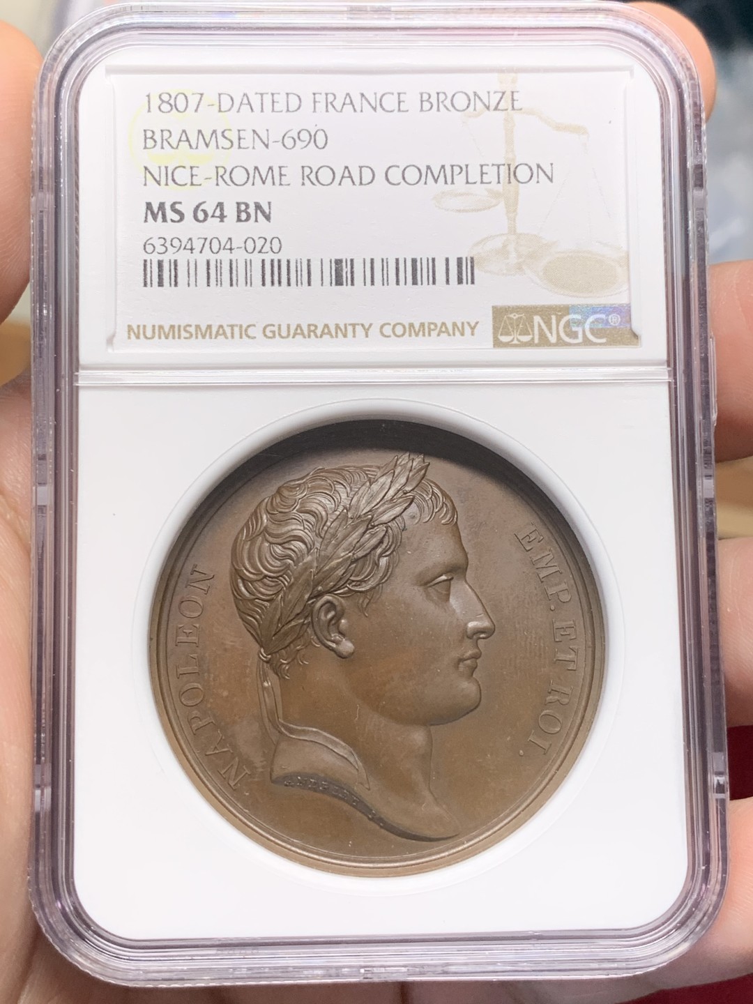 《竞宝斋》第96场-本周日，周一，周四，3场连拍（全场不限金额包邮） NGC-MS64 1807 法国拿破仑一世原铸铜章之尼斯-罗马大道的开通