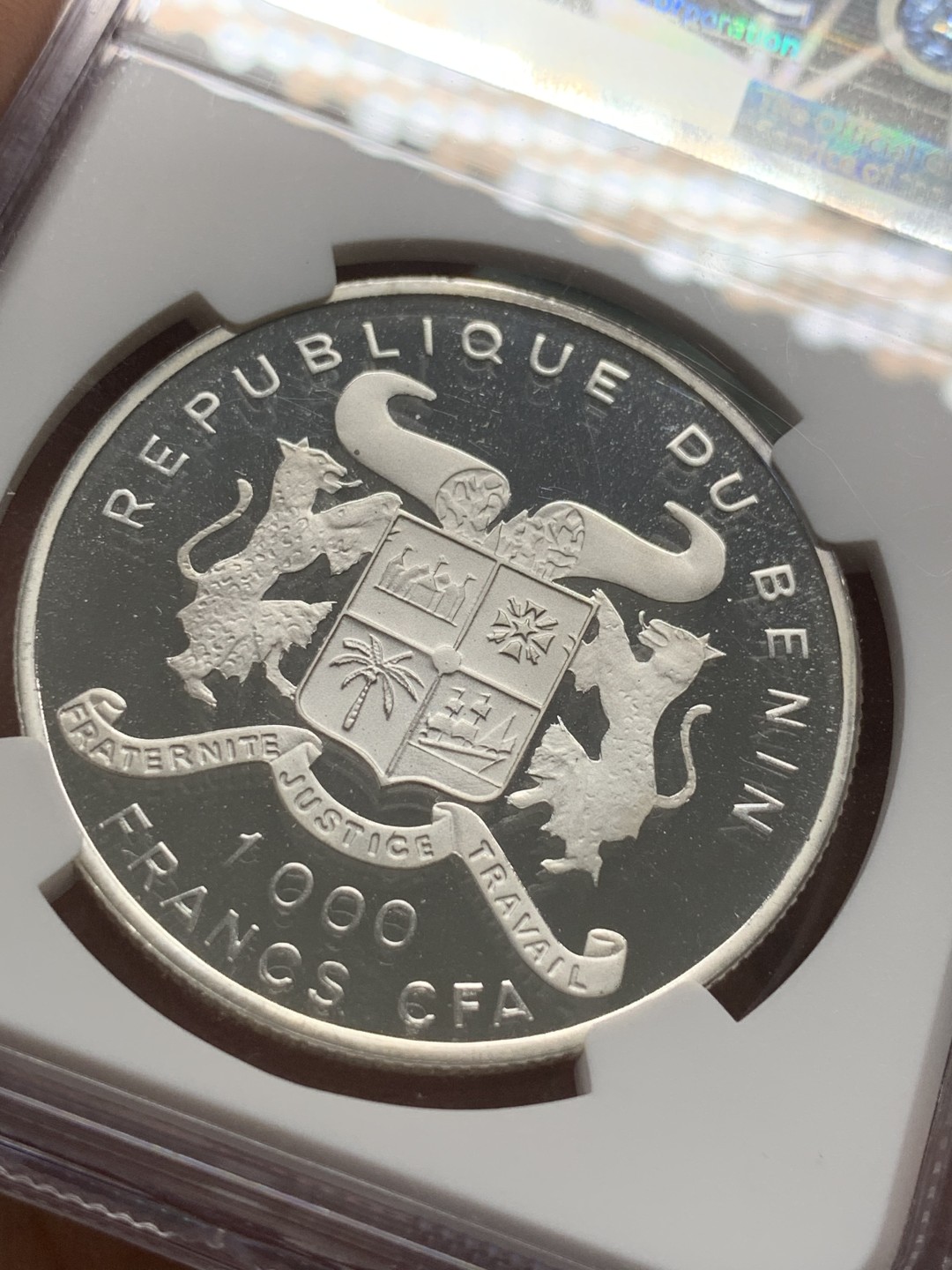 《竞宝斋》第96场-本周日，周一，周四，3场连拍（全场不限金额包邮） NGC PF69 UC 贝宁1992年1000FR 纪念银币 冠军分数 发行量1000枚