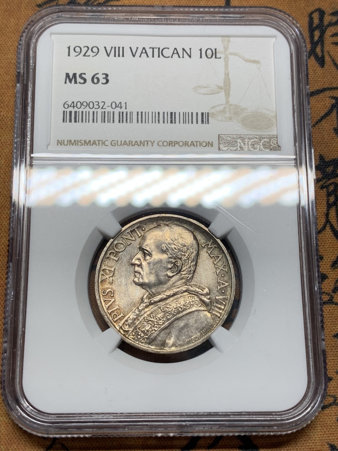 《竞宝斋》第96场-本周日，周一，周四，3场连拍（全场不限金额包邮） NGC-MS63第五名 梵蒂冈1929年教皇庇护十二世头像10里拉银币，原味好品，发行量仅仅1万枚，少见品种