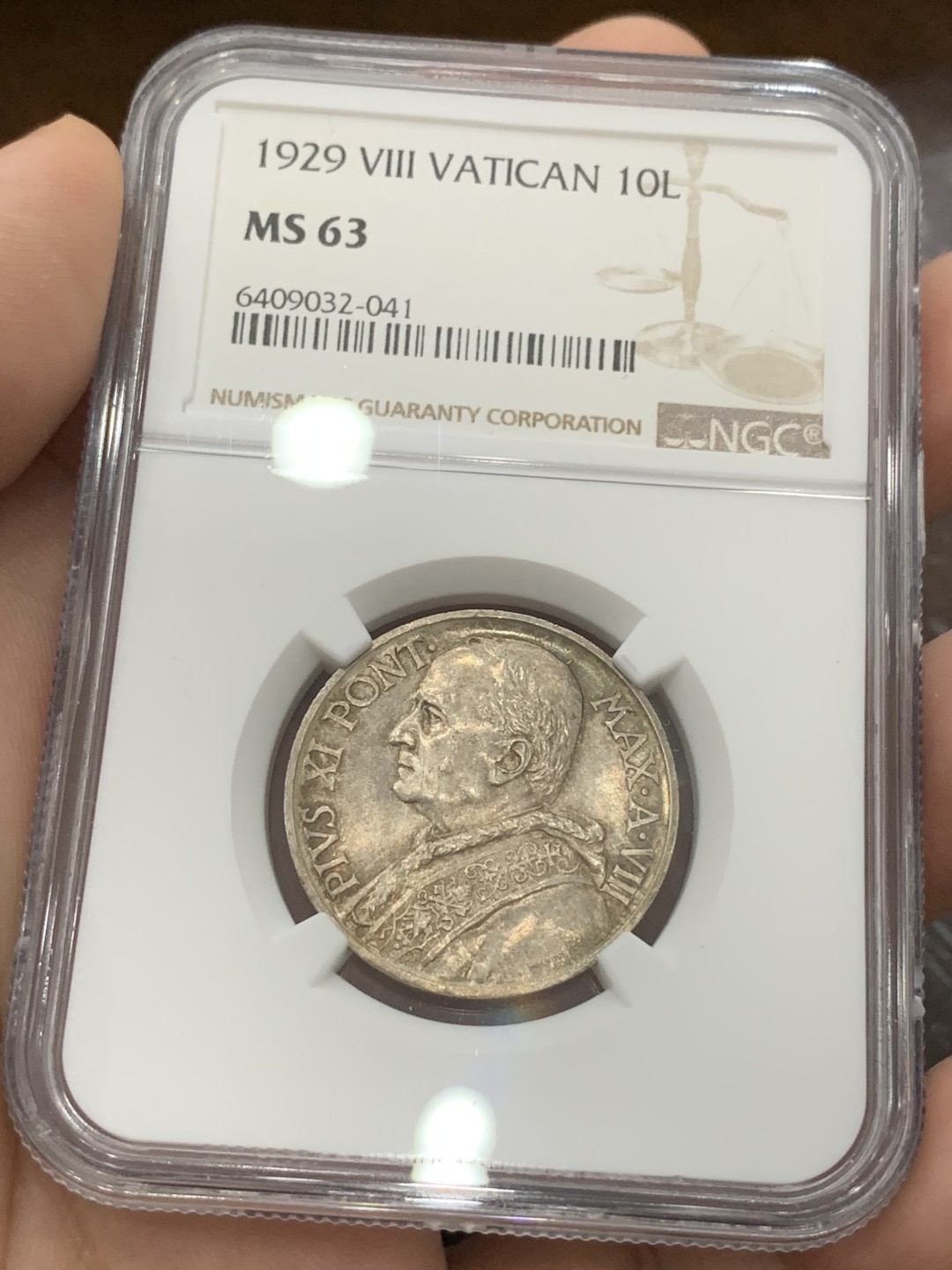 《竞宝斋》第96场-本周日，周一，周四，3场连拍（全场不限金额包邮） NGC-MS63第五名 梵蒂冈1929年教皇庇护十二世头像10里拉银币，原味好品，发行量仅仅1万枚，少见品种
