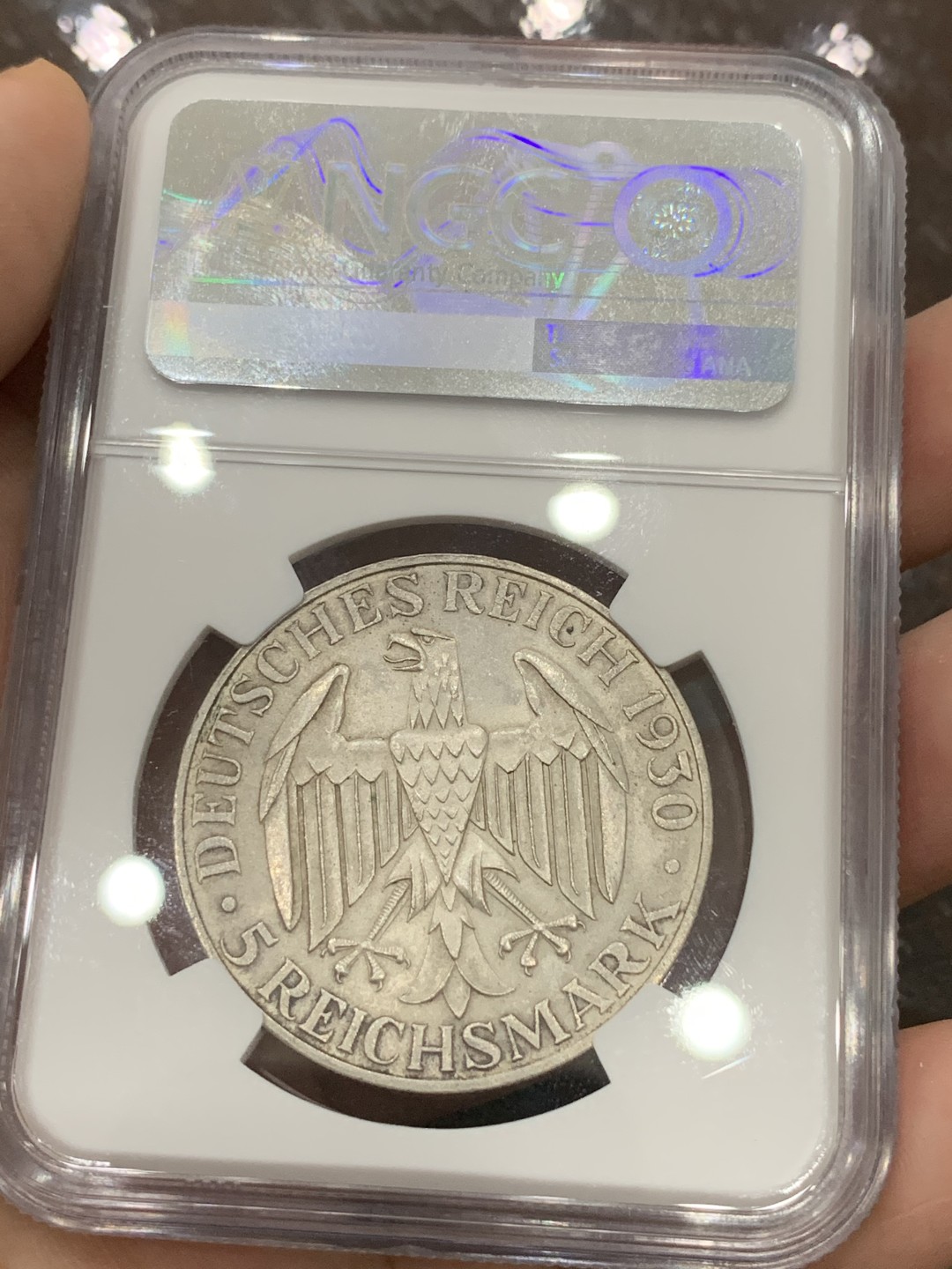 《竞宝斋》第96场-本周日，周一，周四，3场连拍（全场不限金额包邮） NGC MS62 德国 1930年 齐柏林飞艇5马克，带转光  首见品种