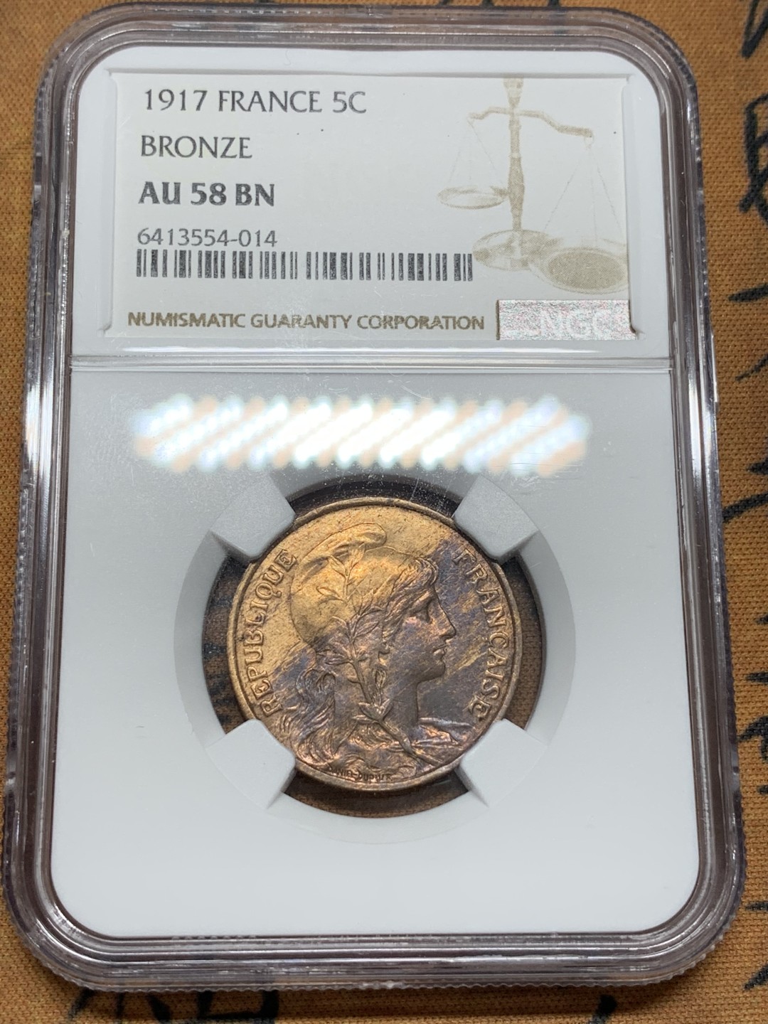 《竞宝斋》第96场-本周日，周一，周四，3场连拍（全场不限金额包邮） NGC AU58BN 法国1917年5分铜币