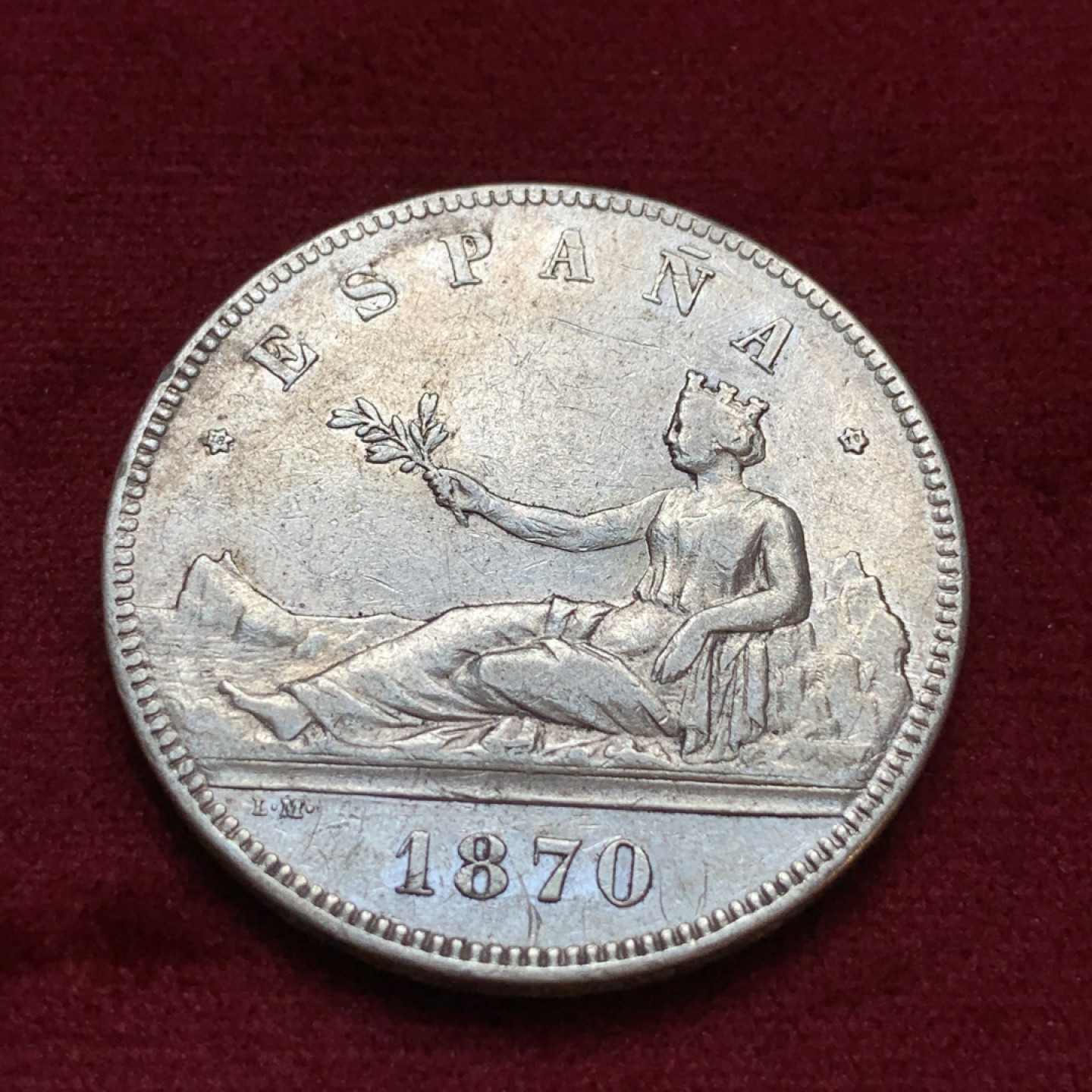 《竞宝斋》第96场-本周日，周一，周四，3场连拍（全场不限金额包邮） 1870年 西班牙 拿花 5比塞塔 银币通货好品