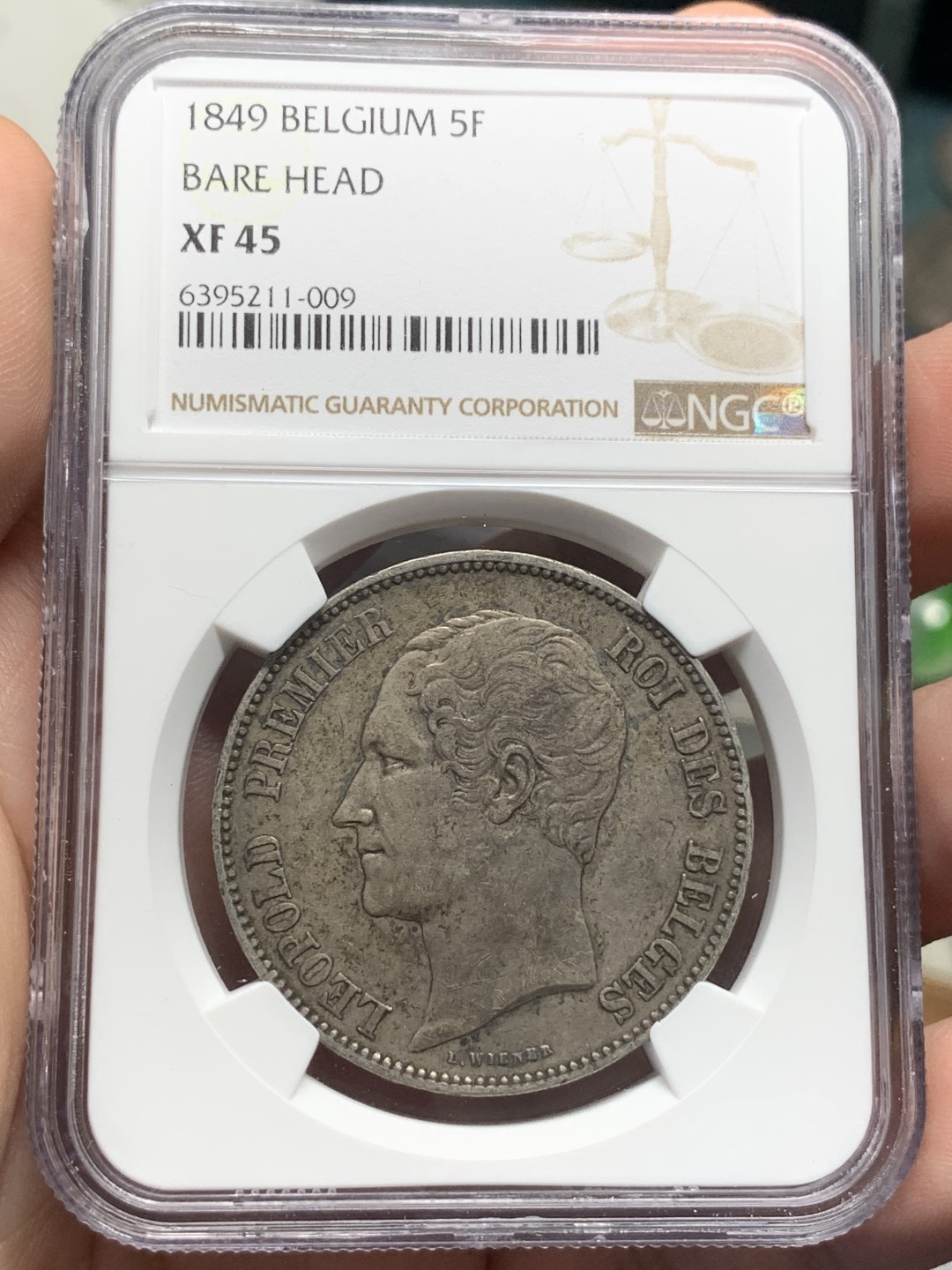 《竞宝斋》第96场-本周日，周一，周四，3场连拍（全场不限金额包邮） NGC-XF45 比利时利奥波德一世1849年 5法郎大银币 原味品 版式不错 更高分也就9枚