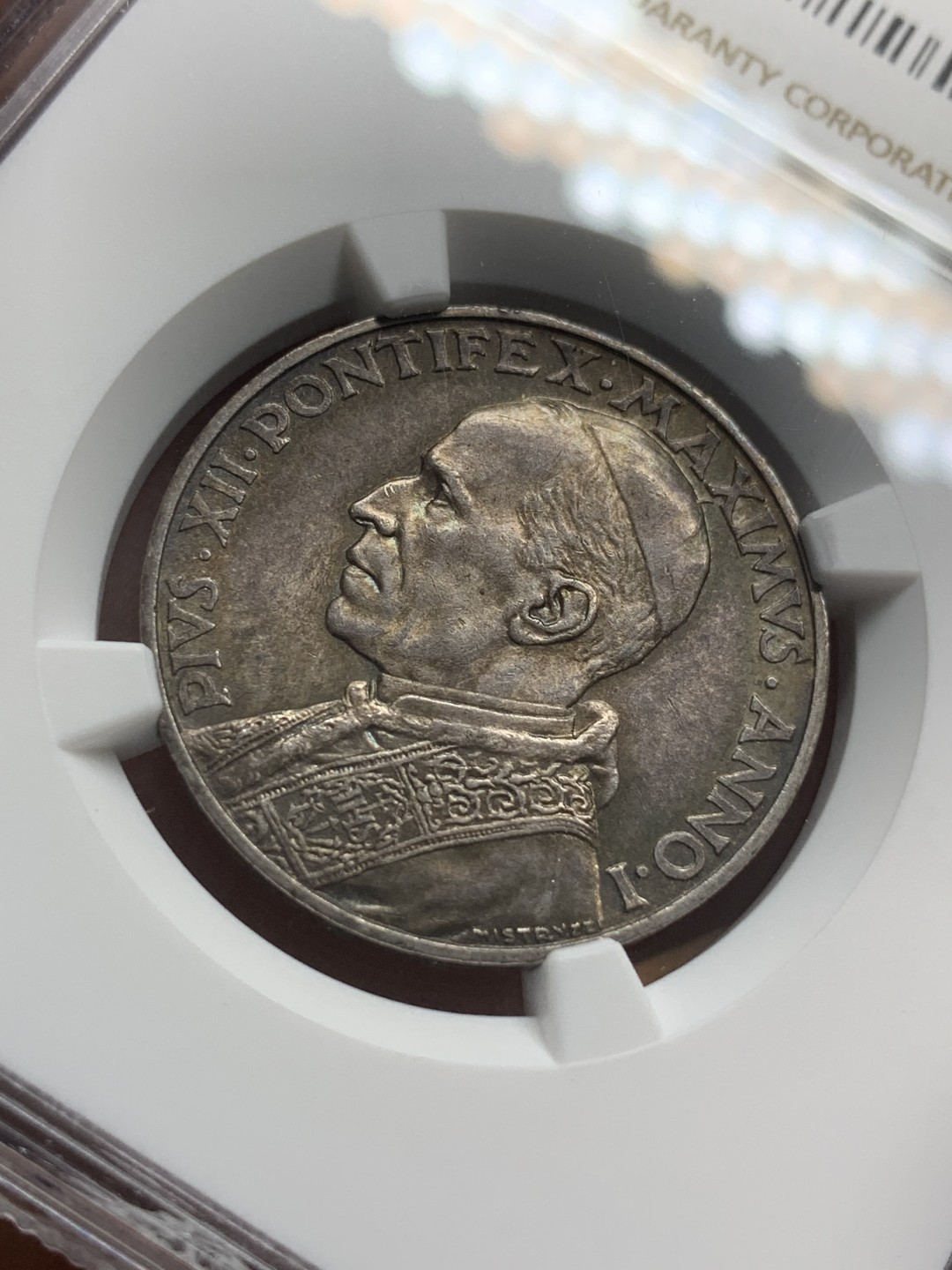 《竞宝斋》第96场-本周日，周一，周四，3场连拍（全场不限金额包邮） NGC-MS63 梵蒂冈1939年教皇保罗十二世头像10里拉银币，原味老包浆，发行量仅仅1万枚，少见品种