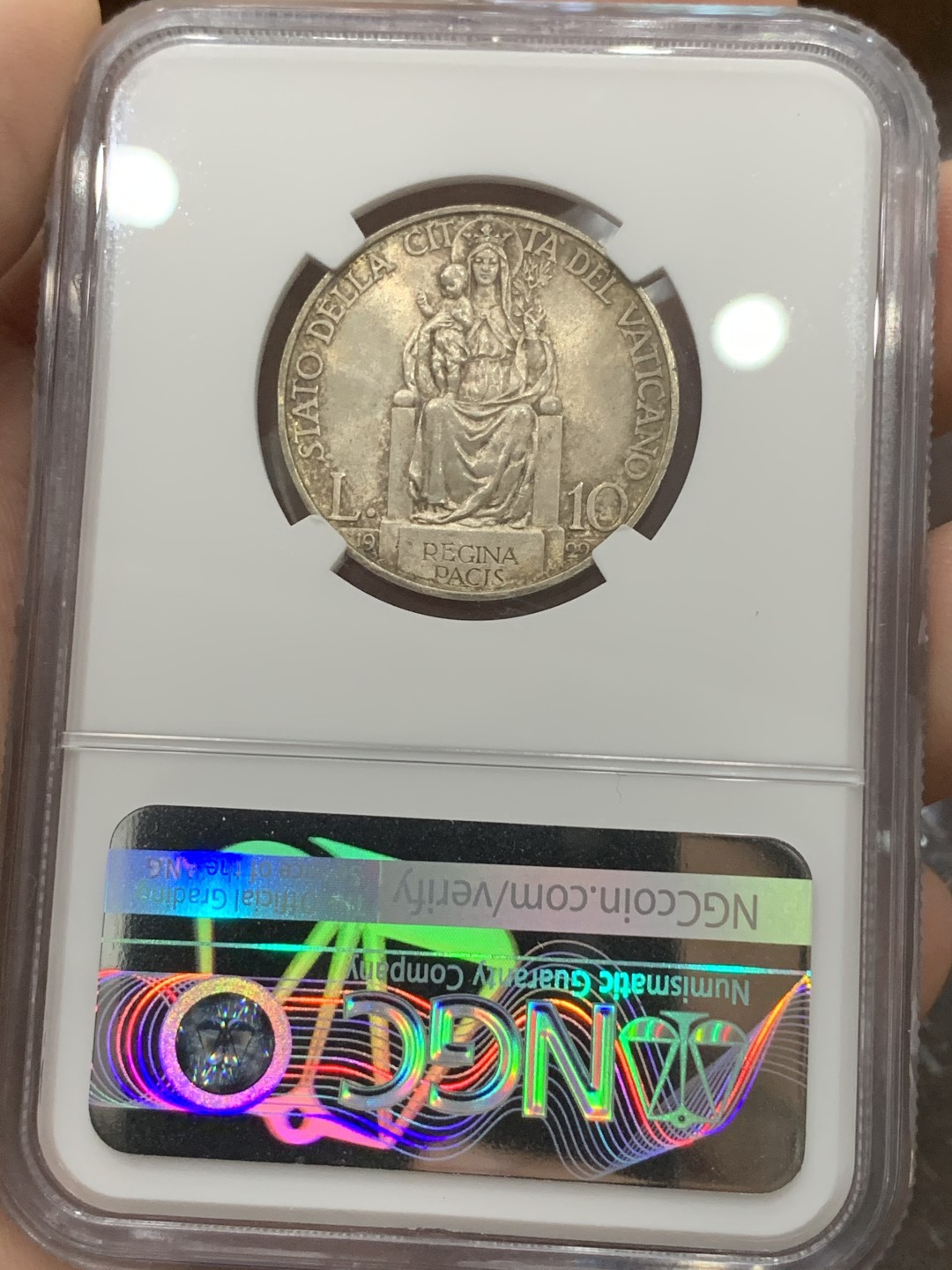 《竞宝斋》第96场-本周日，周一，周四，3场连拍（全场不限金额包邮） NGC-MS63第五名 梵蒂冈1929年教皇庇护十二世头像10里拉银币，原味好品，发行量仅仅1万枚，少见品种