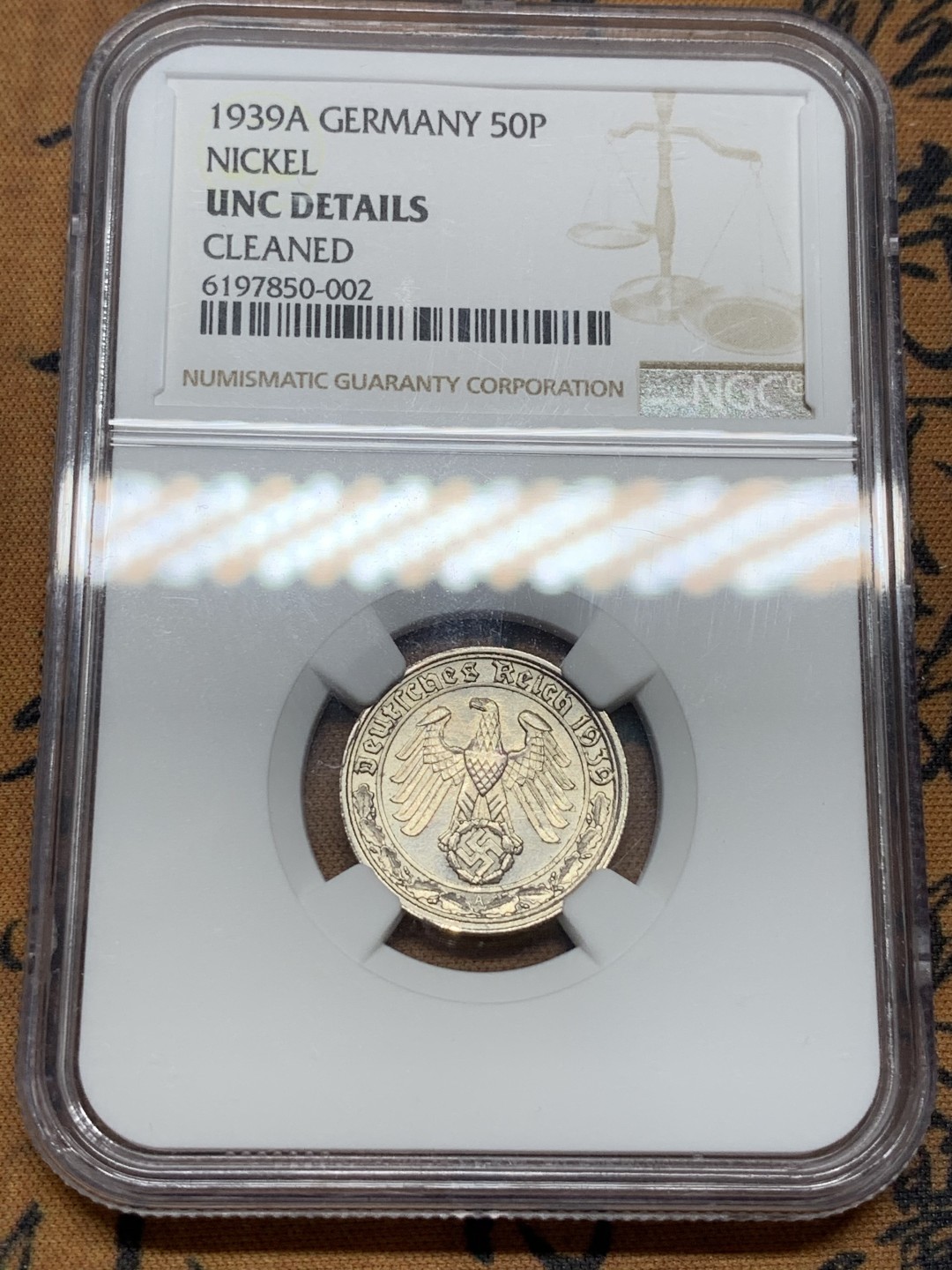 《竞宝斋》第96场-本周日，周一，周四，3场连拍（全场不限金额包邮） NGC UNC 德三 1939A 50芬尼 镍币 因为回炉造武器存世稀少 固也叫坦克币 此币存世少