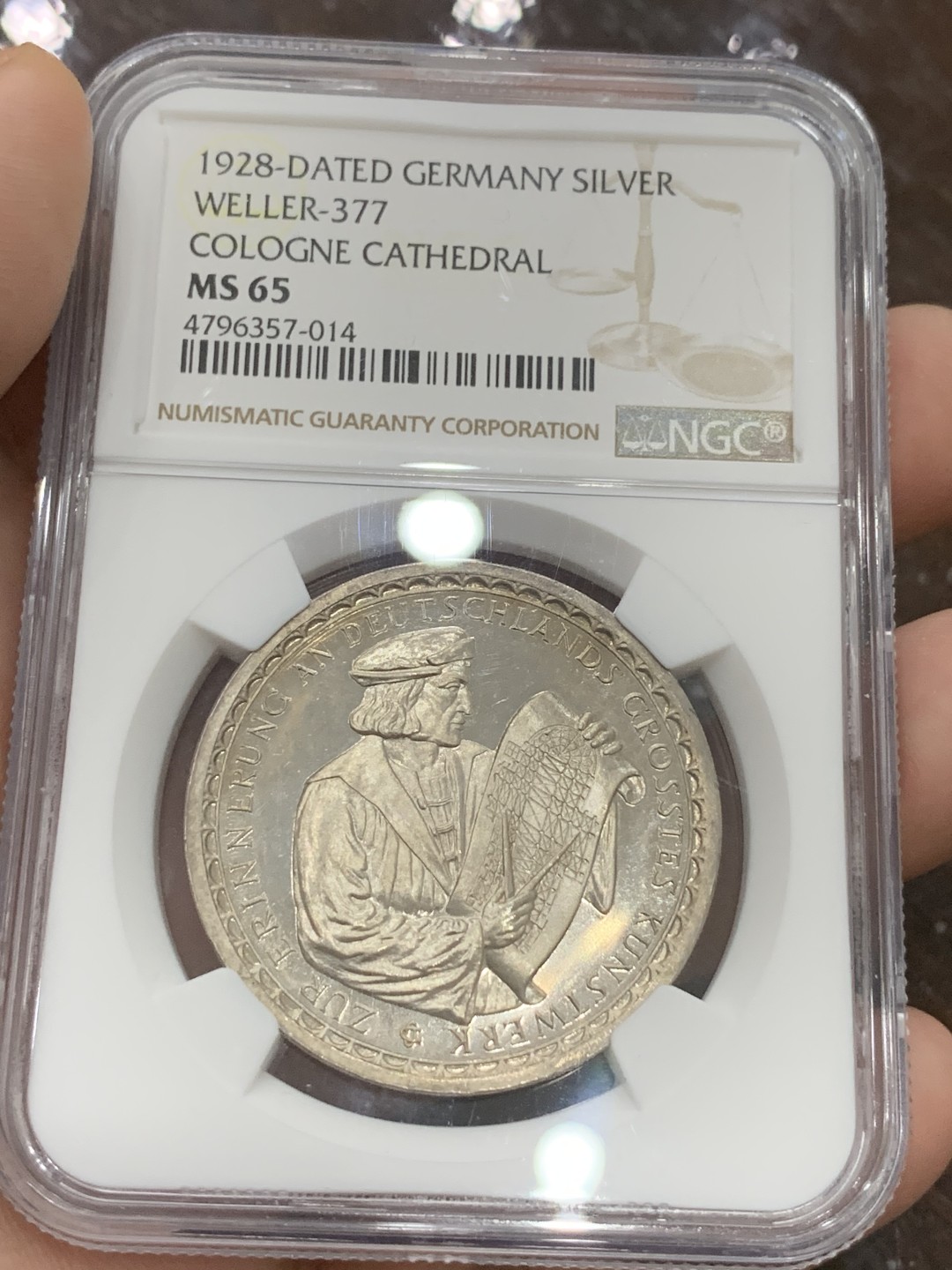 《竞宝斋》第96场-本周日，周一，周四，3场连拍（全场不限金额包邮） NGC MS65 德国1928年科隆大教堂开工680周年纪念银章 直径36毫米 重量25克 高分难得
