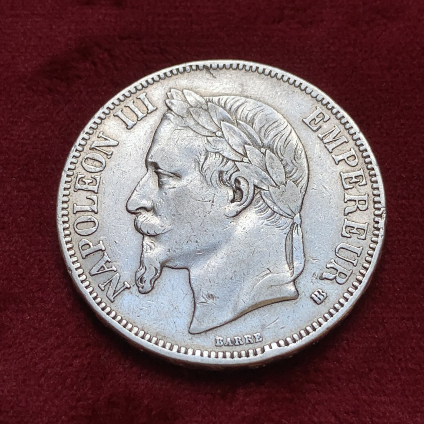 《竞宝斋》第96场-本周日，周一，周四，3场连拍（全场不限金额包邮） 1867年 BB版法国拿破仑三世5法郎银币通货好品