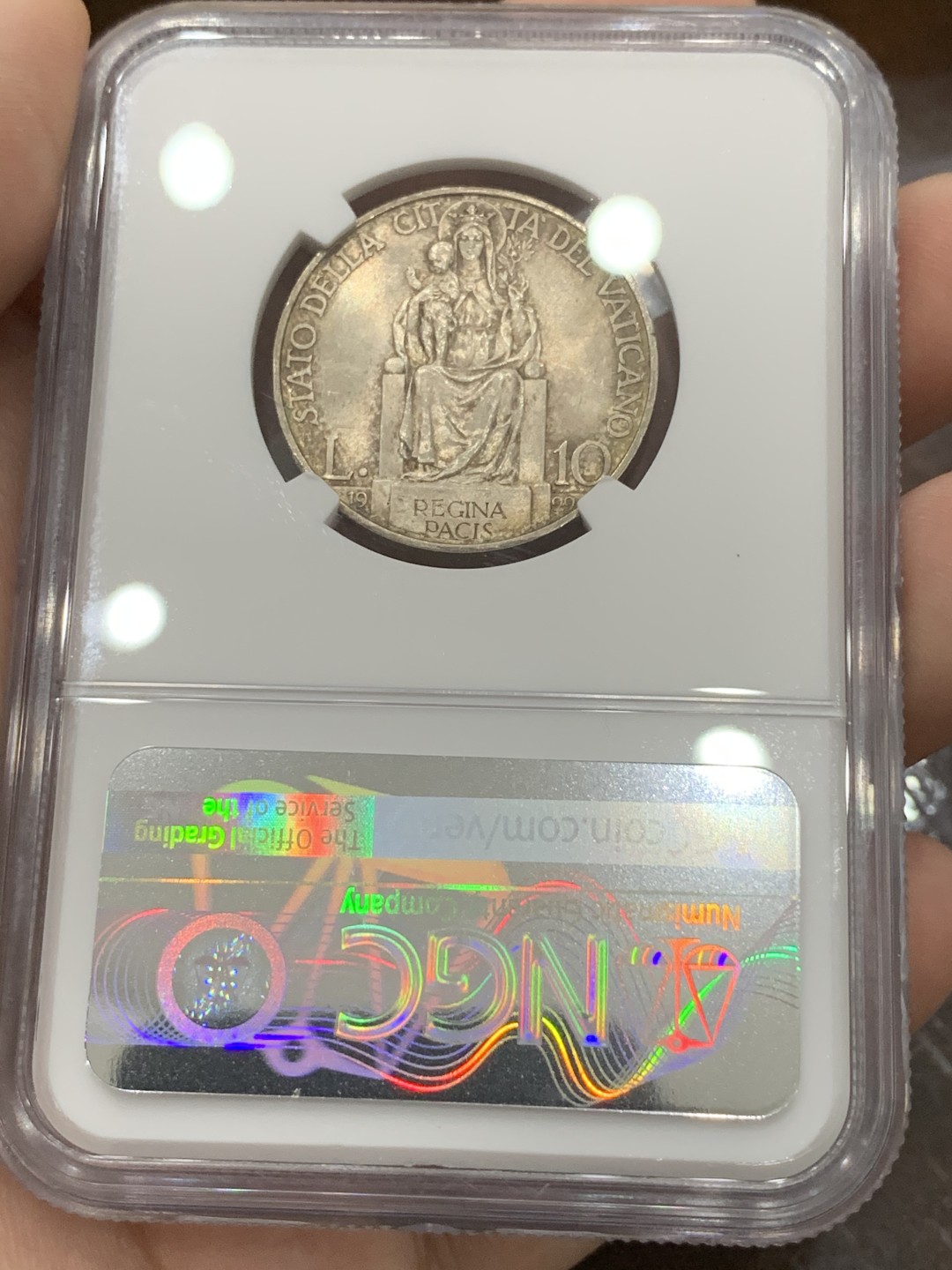 《竞宝斋》第96场-本周日，周一，周四，3场连拍（全场不限金额包邮） NGC-MS63第五名 梵蒂冈1929年教皇庇护十二世头像10里拉银币，原味好品，发行量仅仅1万枚，少见品种