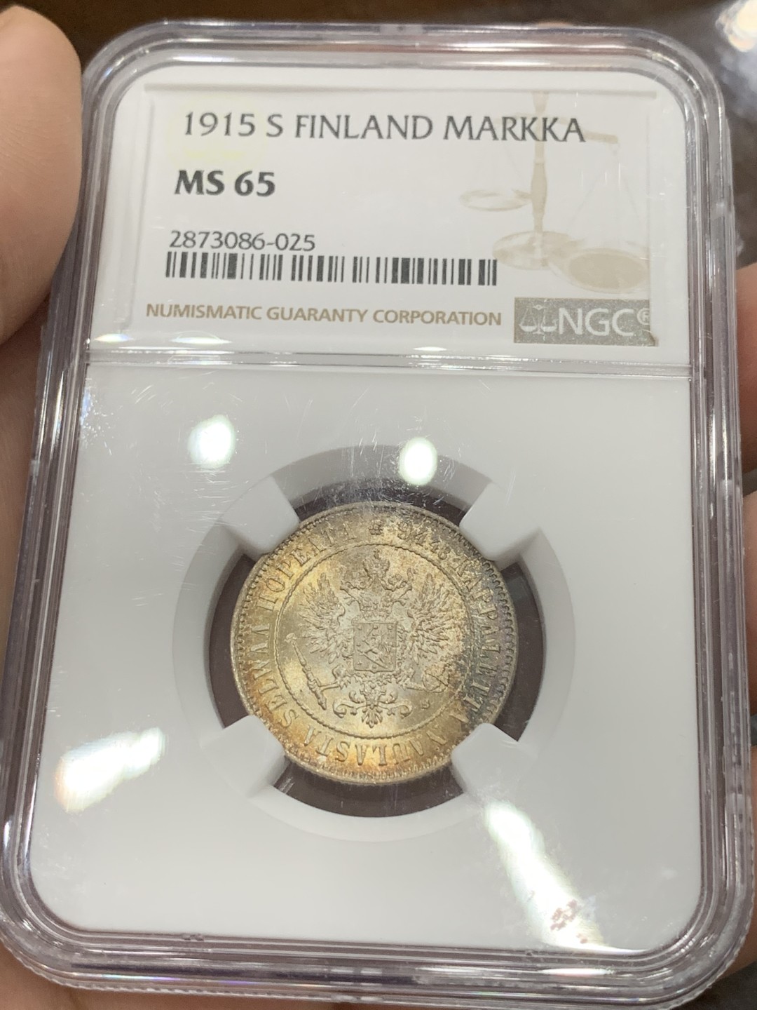 《竞宝斋》第96场-本周日，周一，周四，3场连拍（全场不限金额包邮） NGC-MS65 1915年俄占芬兰1马克银币 高分五彩，值得收藏